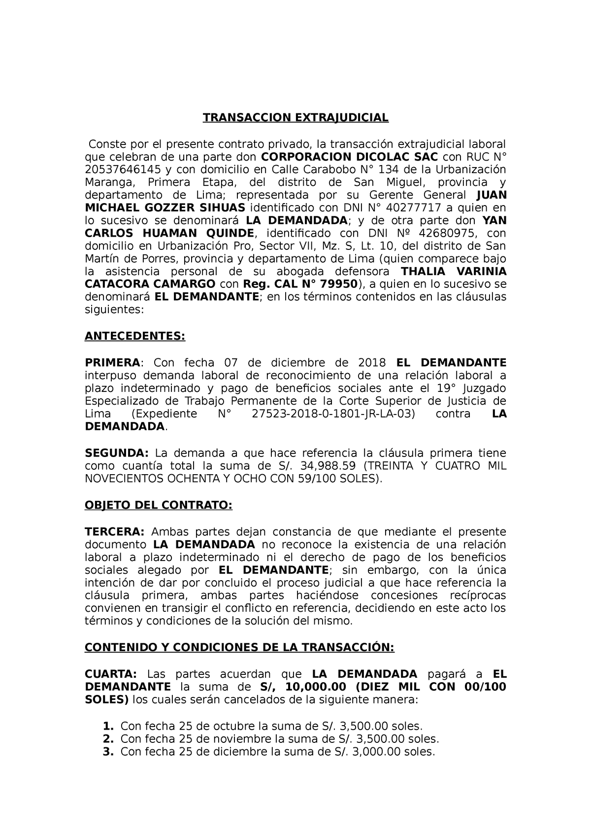 431382926 Modelo DE Transaccion Extrajudicial Laboral - TRANSACCION  EXTRAJUDICIAL Conste por el - Studocu