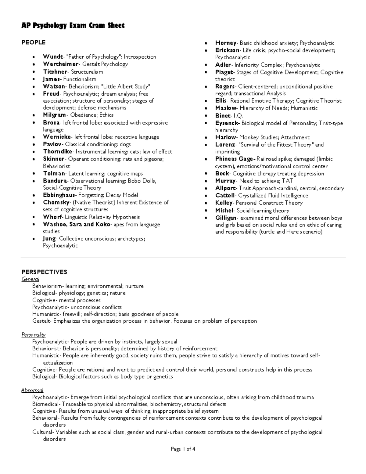 AP Psych Cram Sheet - PEOPLE Wundt - "Father of Psychology ...