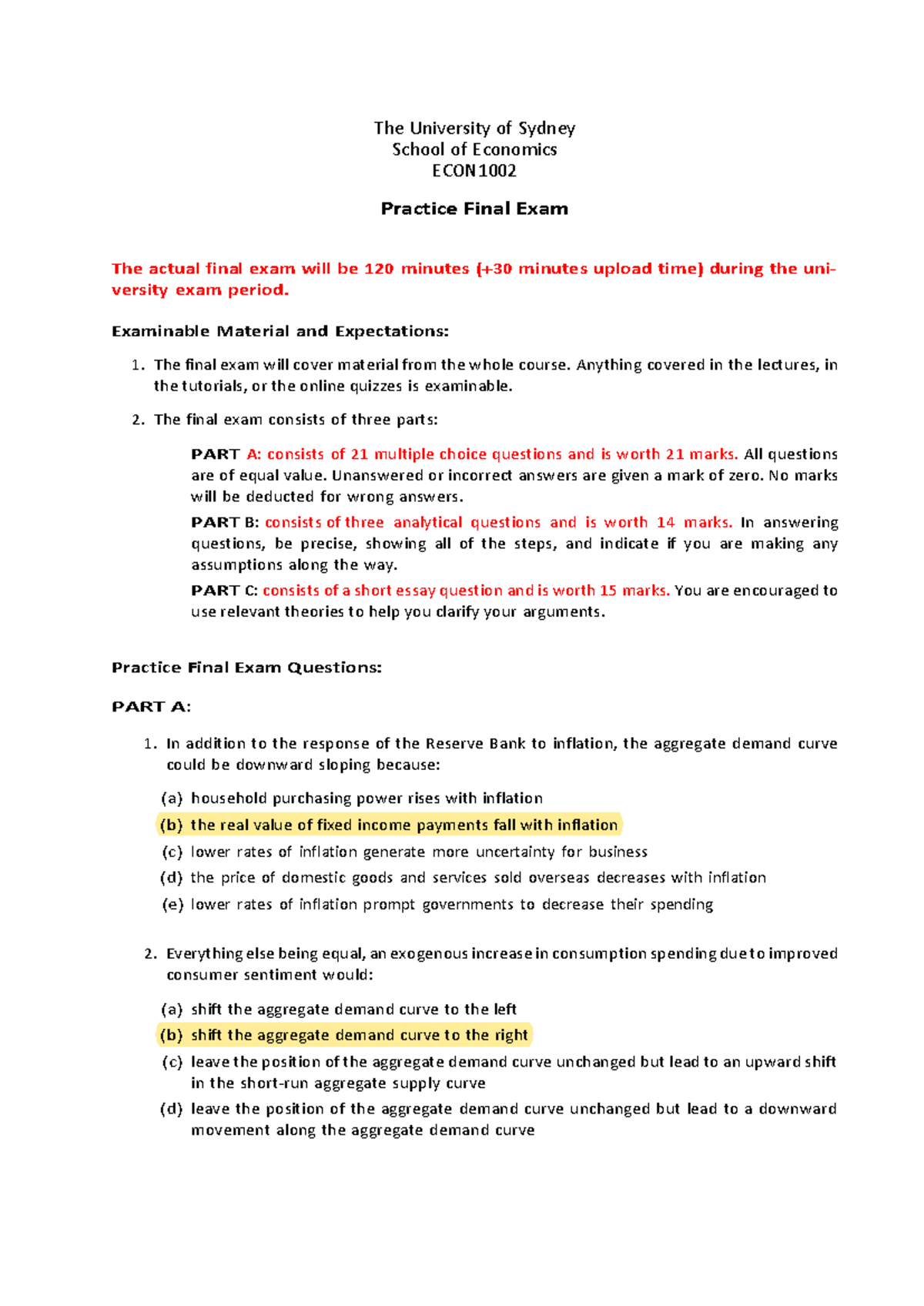 ECON1002 Practice Final Exam The University of Sydney School of