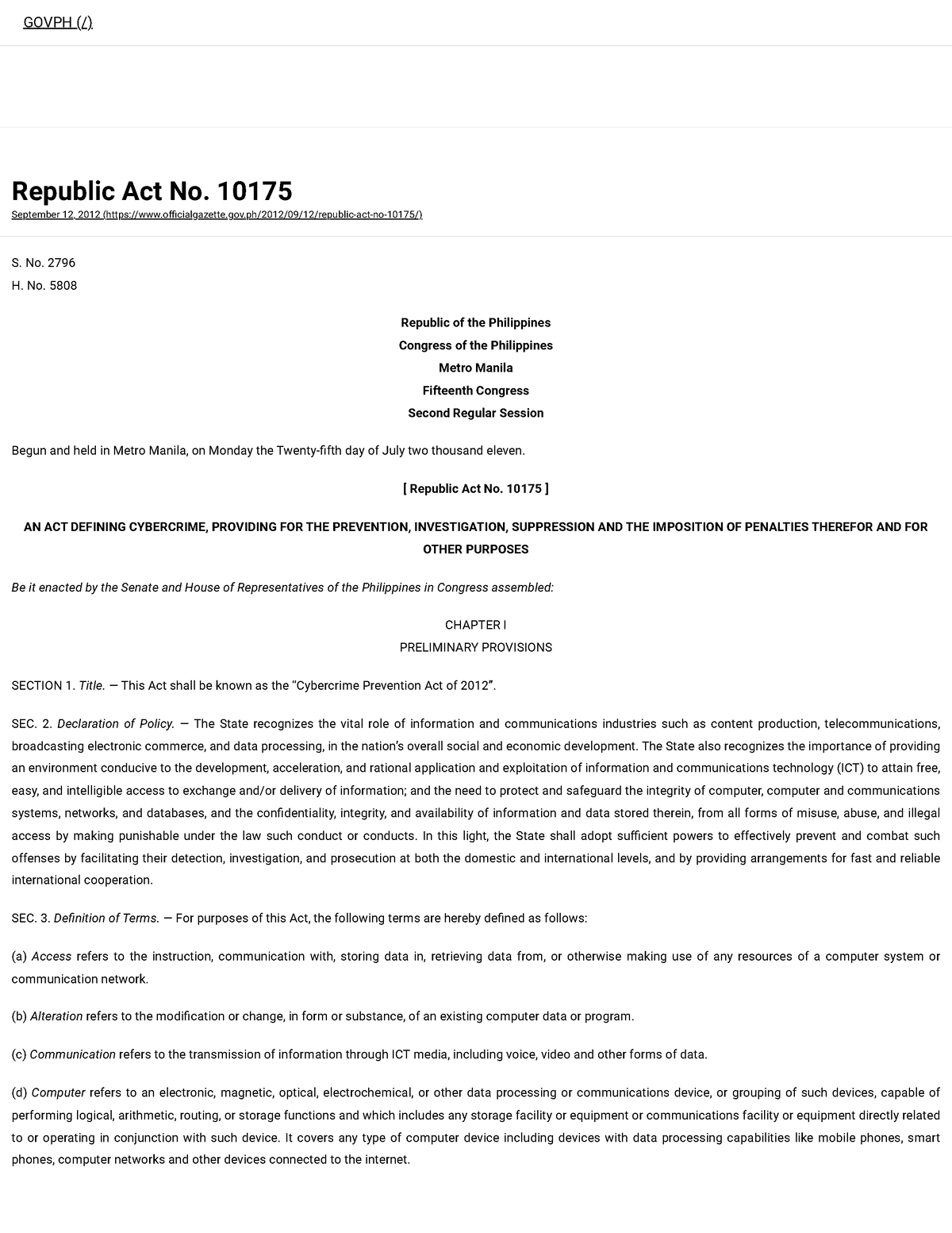 Republic Act No. 10175 Official Gazette Of The Republic Of The ...