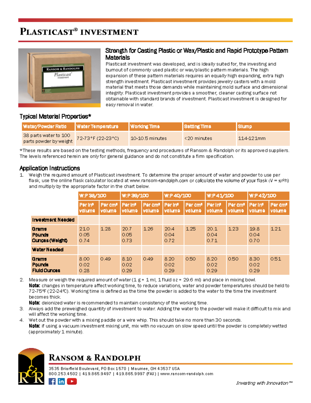 Plasticast investment product sheet - Ransom & Randolph 3535 Briarfield ...