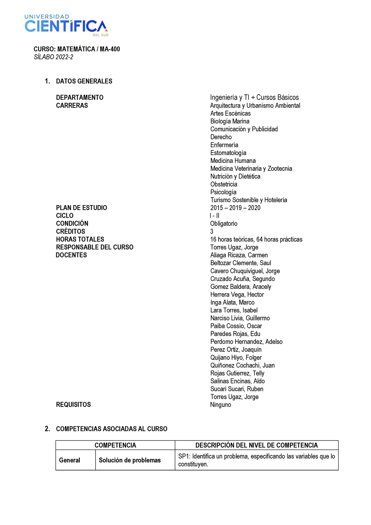 Silabo De 2022-2 - CURSO: MATEMÁTICA / MA- SÍLABO 2022- 1. DATOS ...