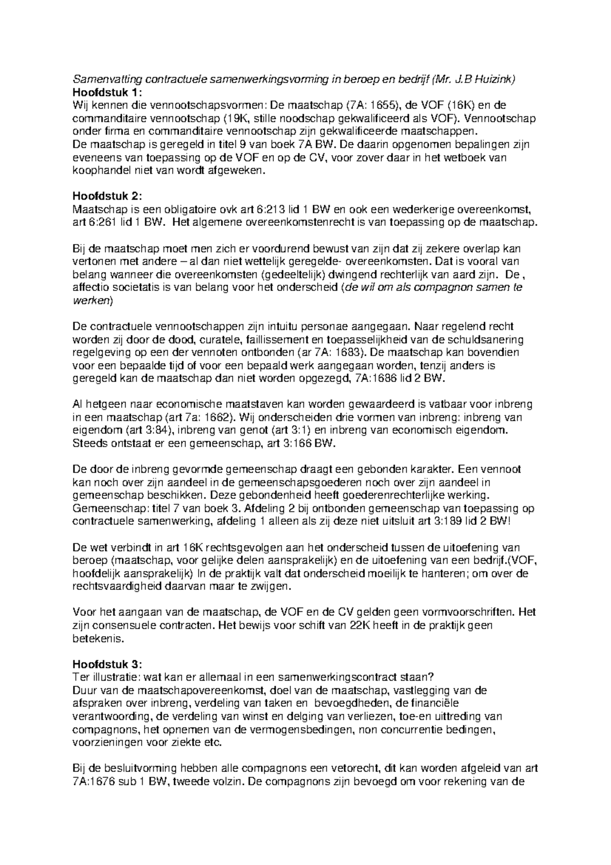 Samenvatting Personen Vennootschappen Huizink Uva Studeersnel