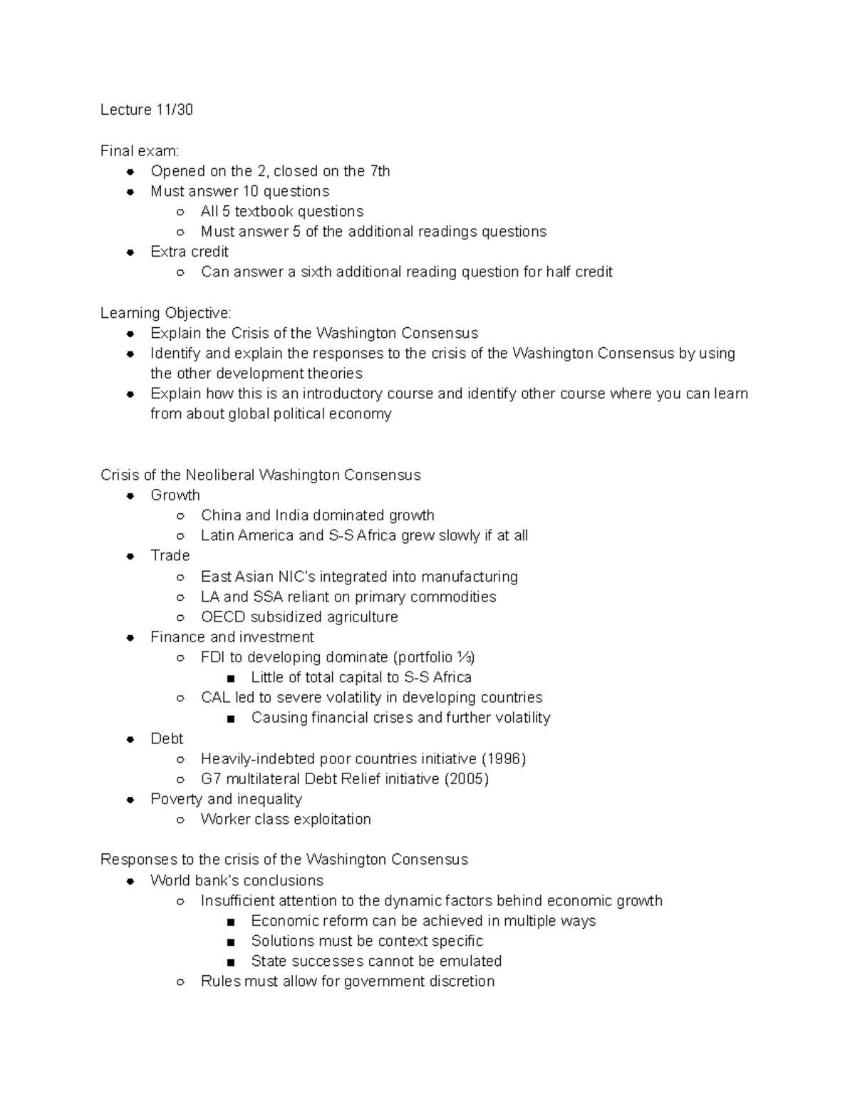 Washington consensus notes - Lecture 11/ Final exam: Opened on the 2 ...