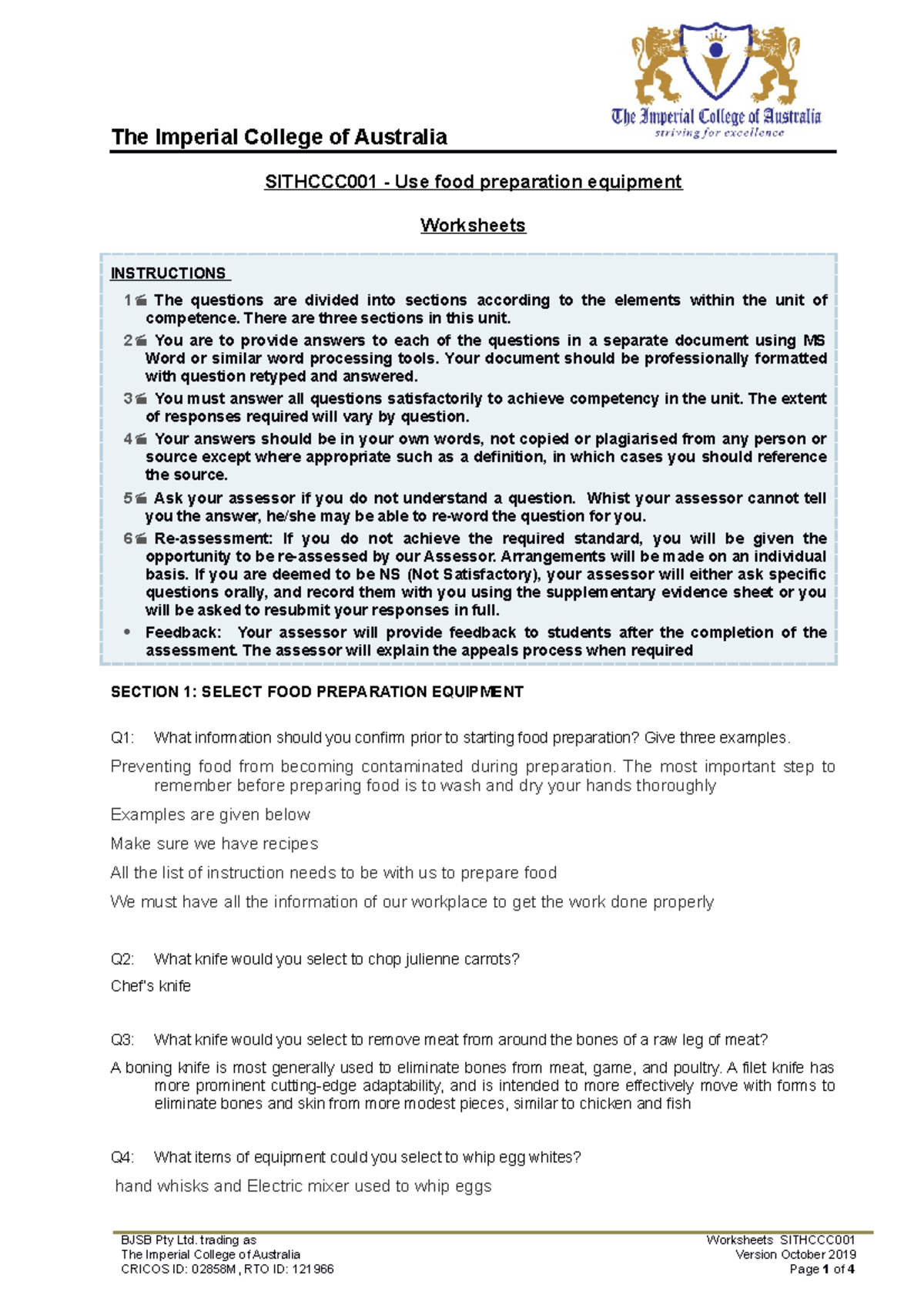 A1 Sithccc 001 Worksheets Ver October 2019 SITHCCC001 Use food preparation equipment