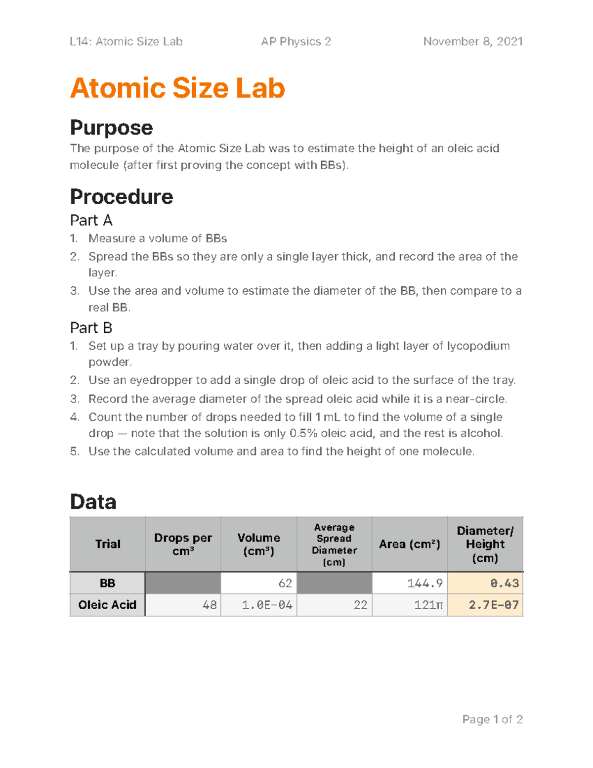 Atomic Size Lab - Procedure Part A Measure a volume of BBs Spread the ...