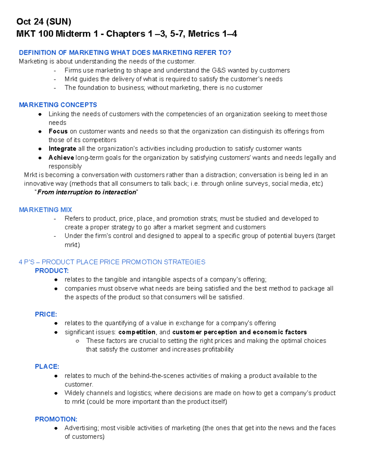 MRKT 100 Midterm 1 Notes Principles Of Marketing - MKT100 - Toronto Met ...