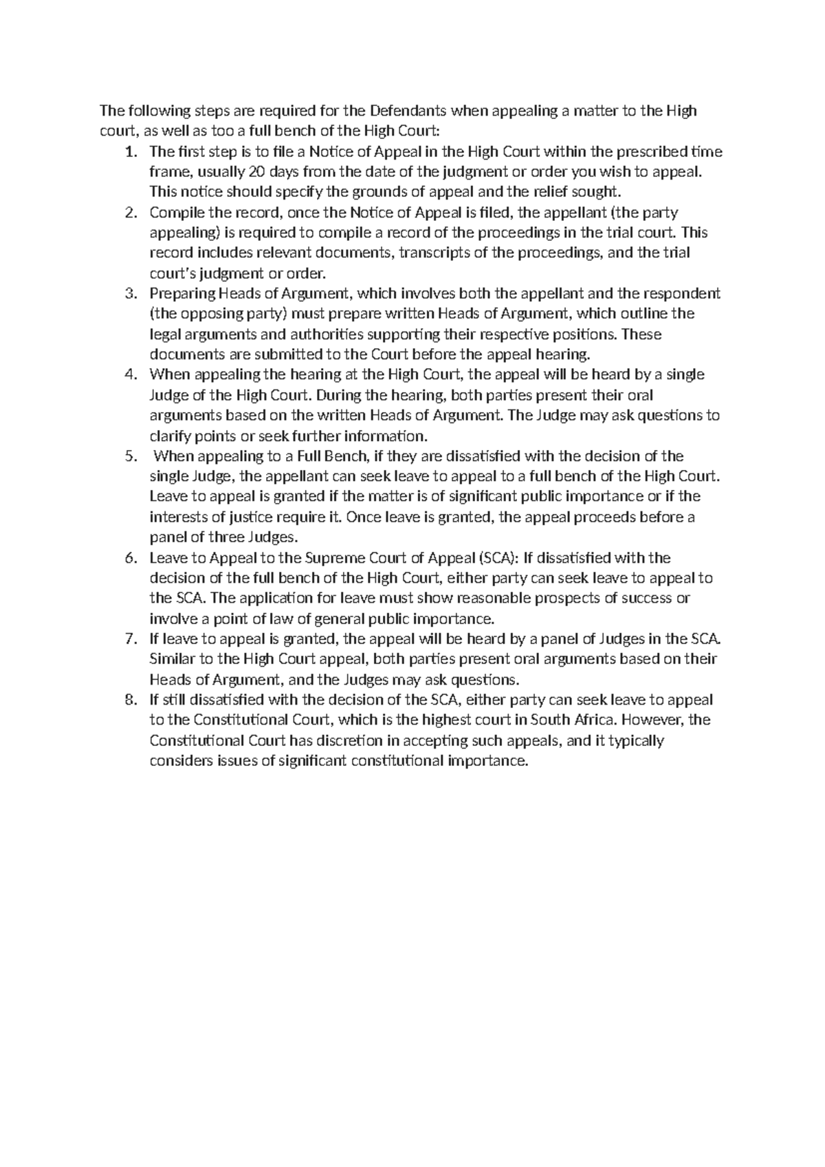 Appeal Matter Summary LLB law The following steps are required for