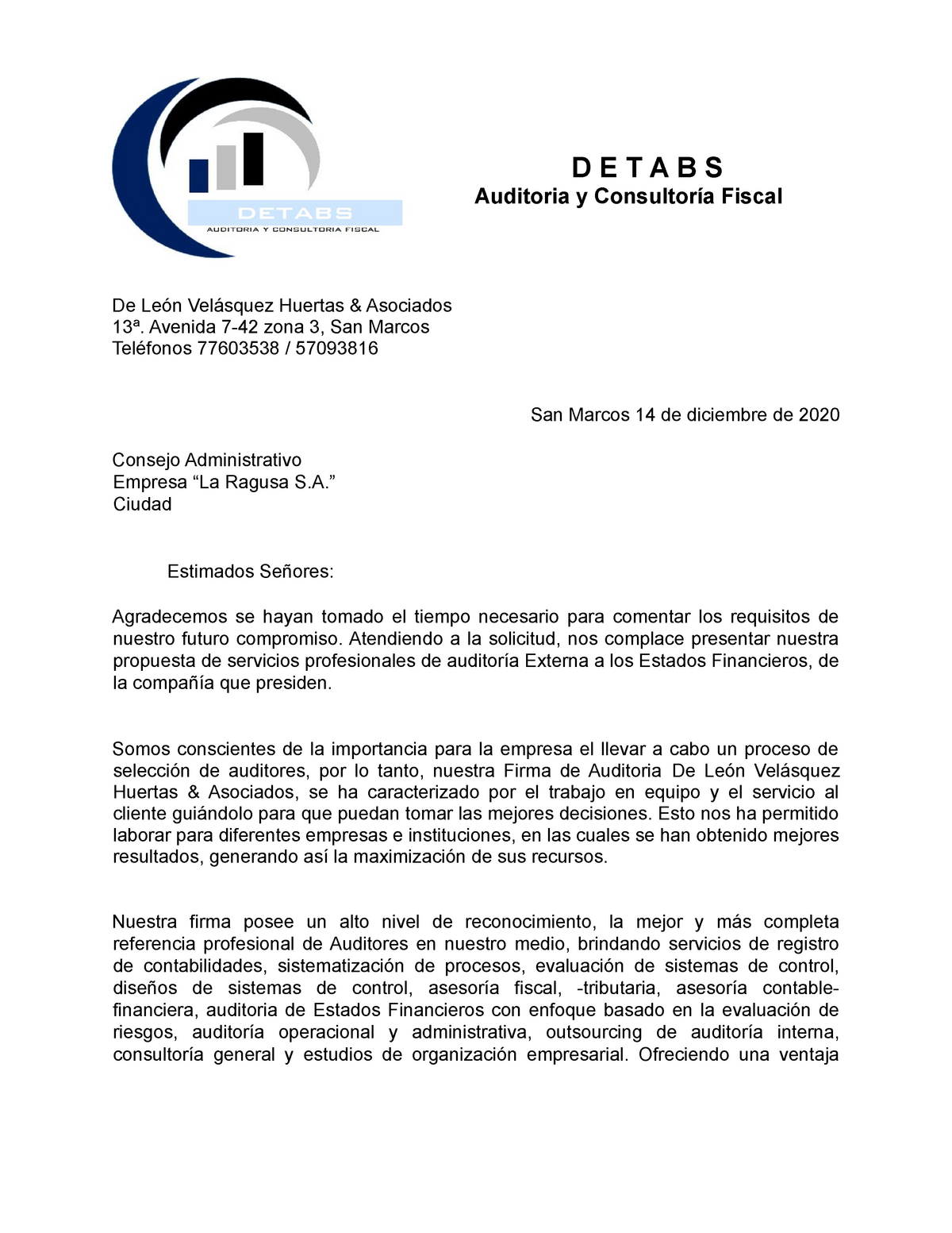 Propuesta DE Servicios Profesionales - D E T A B S Auditoria y Consultoría  Fiscal De León Velásquez - Studocu