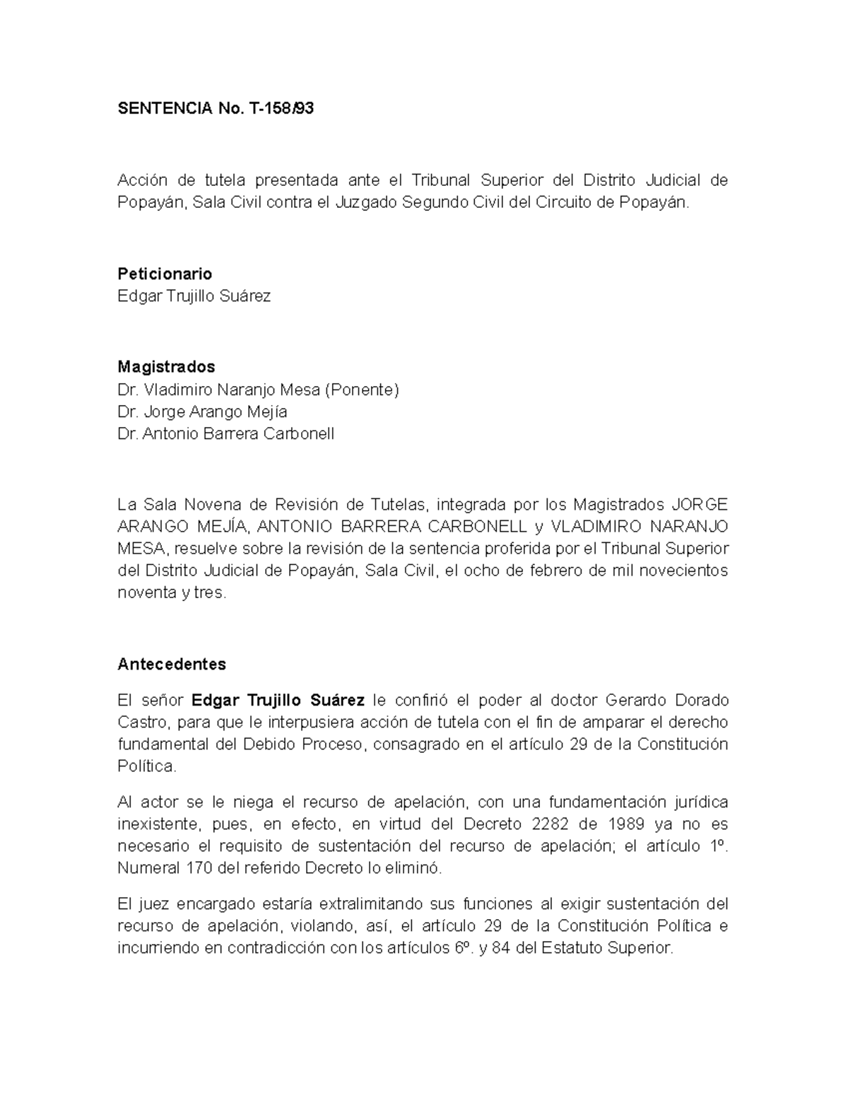Analisis T 158 1993 - Análisis Sentencia T 158 de 1993 - SENTENCIA No