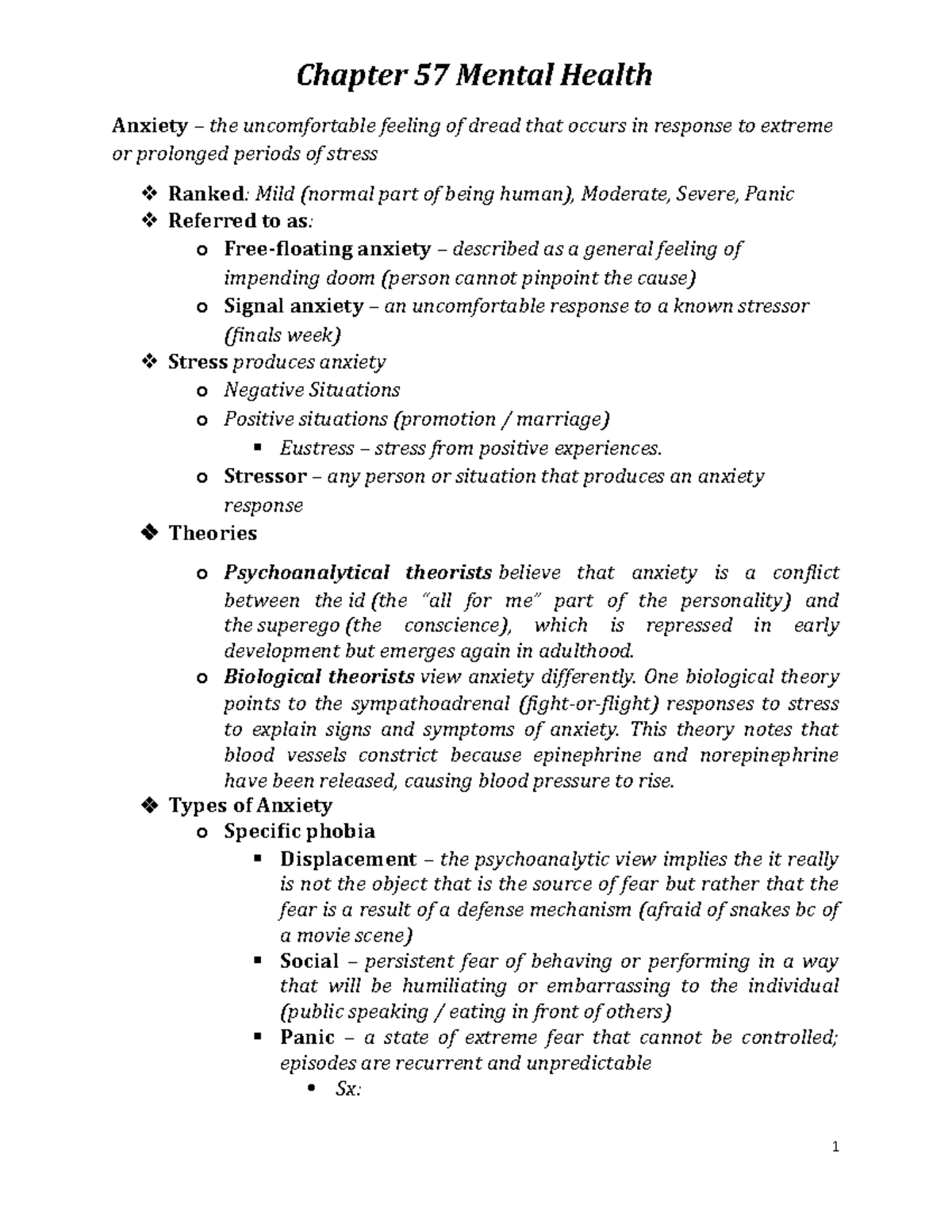 Ch 57 Notes Mental Health Anxiety the feeling of dread that occurs in response