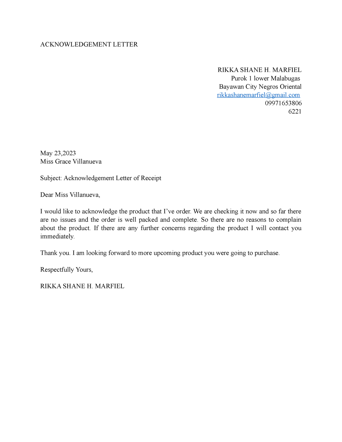 Acknowledgement Letter rikka - ACKNOWLEDGEMENT LETTER RIKKA SHANE H ...