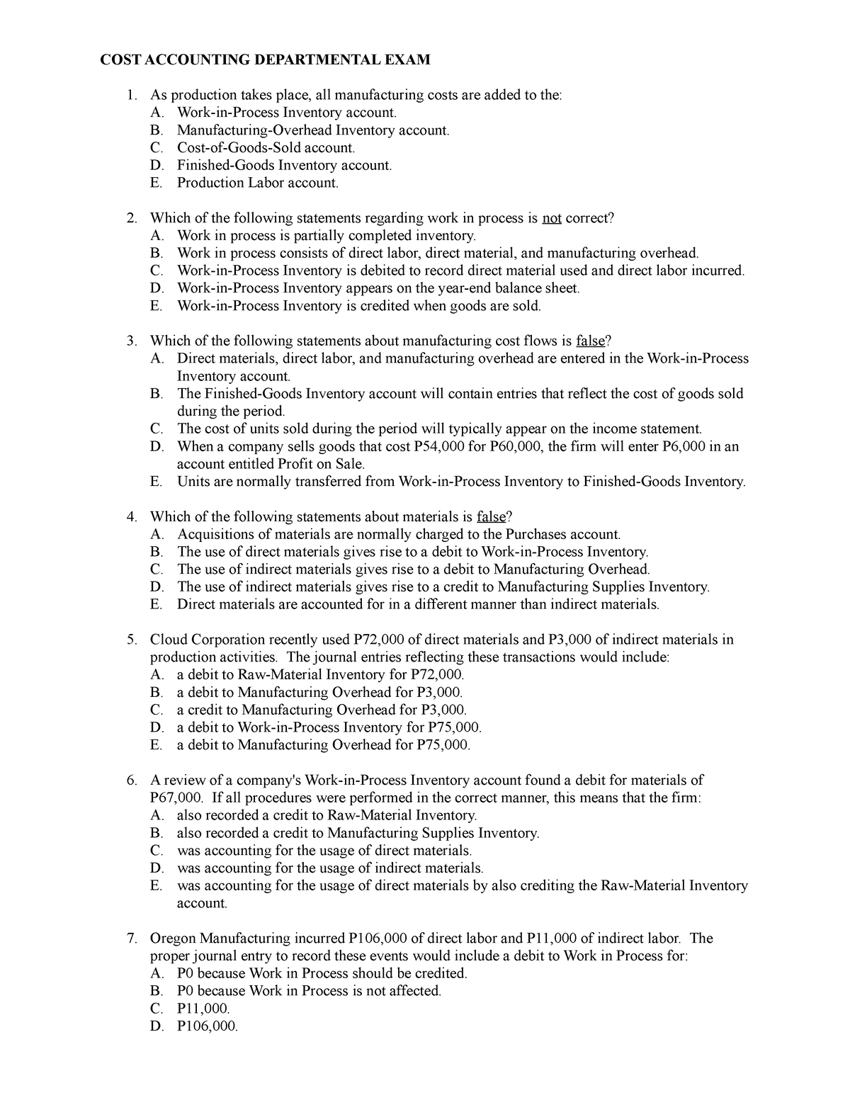 Reviewer Part 1 no answers - COST ACCOUNTING DEPARTMENTAL EXAM As ...