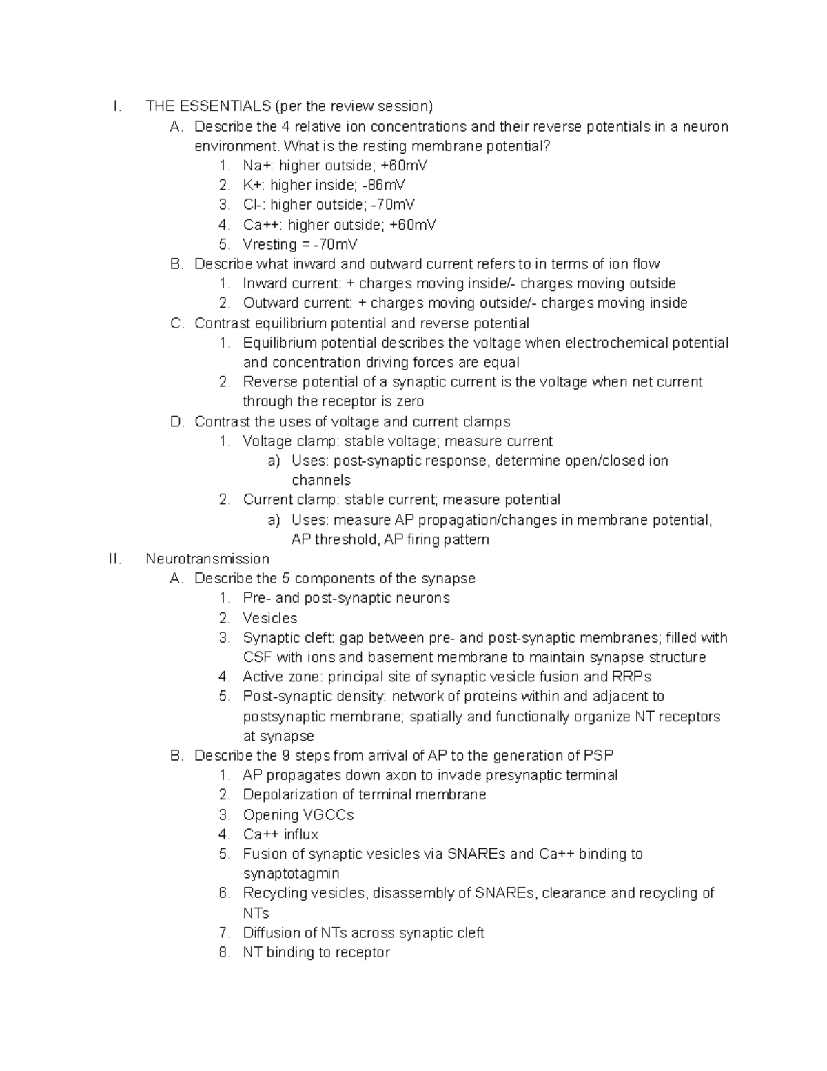 NSCI Midterm 2 Review Notes - I. THE ESSENTIALS (per the review session ...