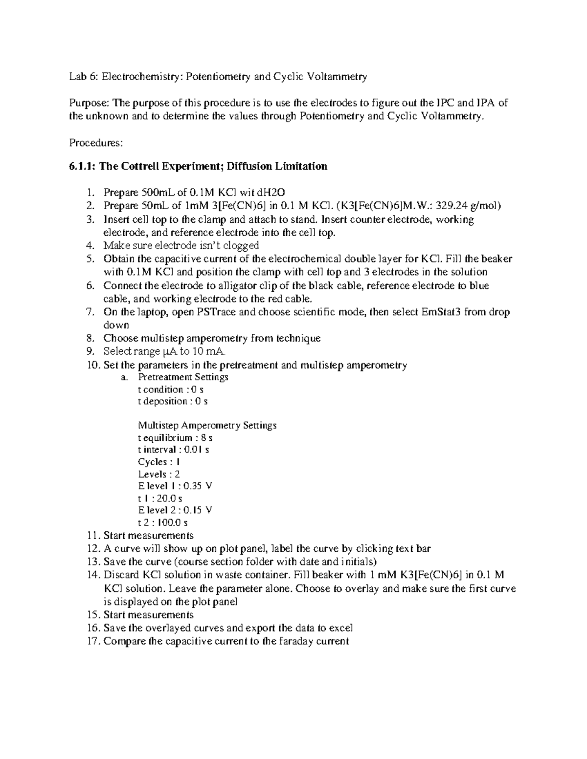 Lab 6 - Report - Lab 6: Electrochemistry: Potentiometry and Cyclic ...