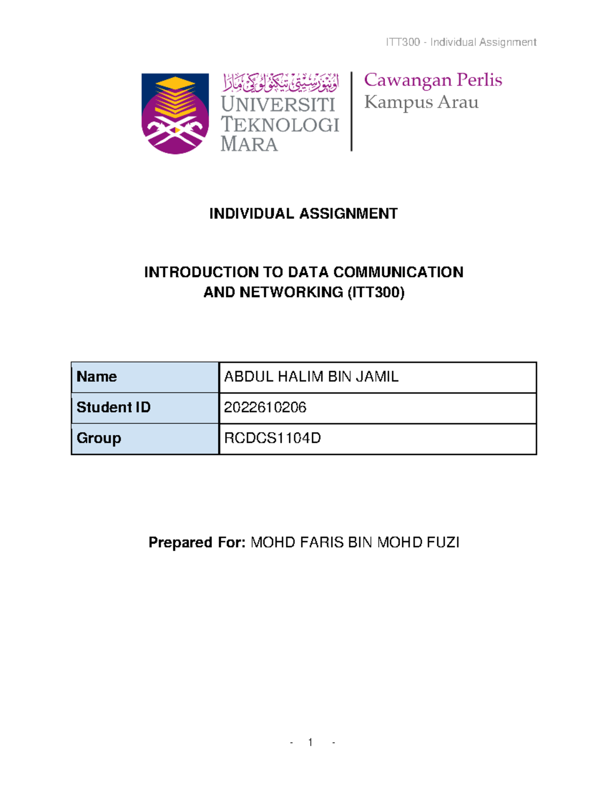 ITT300 Individual Assignment ABDUL HALIM BIN JAMIL - INDIVIDUAL ...
