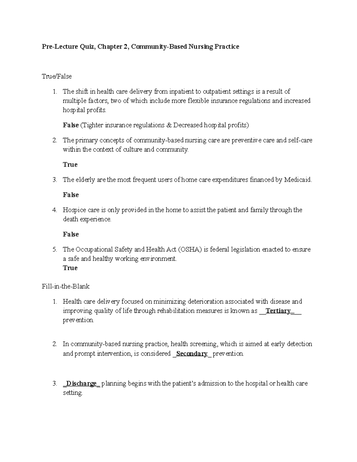 Pre-Lecture Quiz Ch 02 - Pre-Lecture Quiz, Chapter 2, Community-Based ...