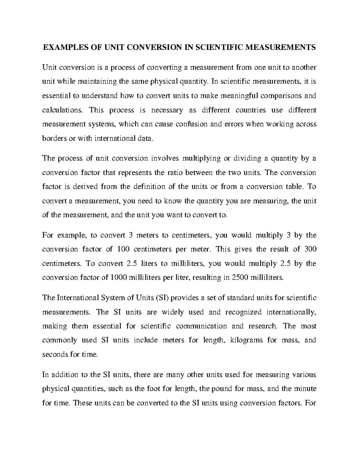Examples of unit conversion in scientific measurements examples of