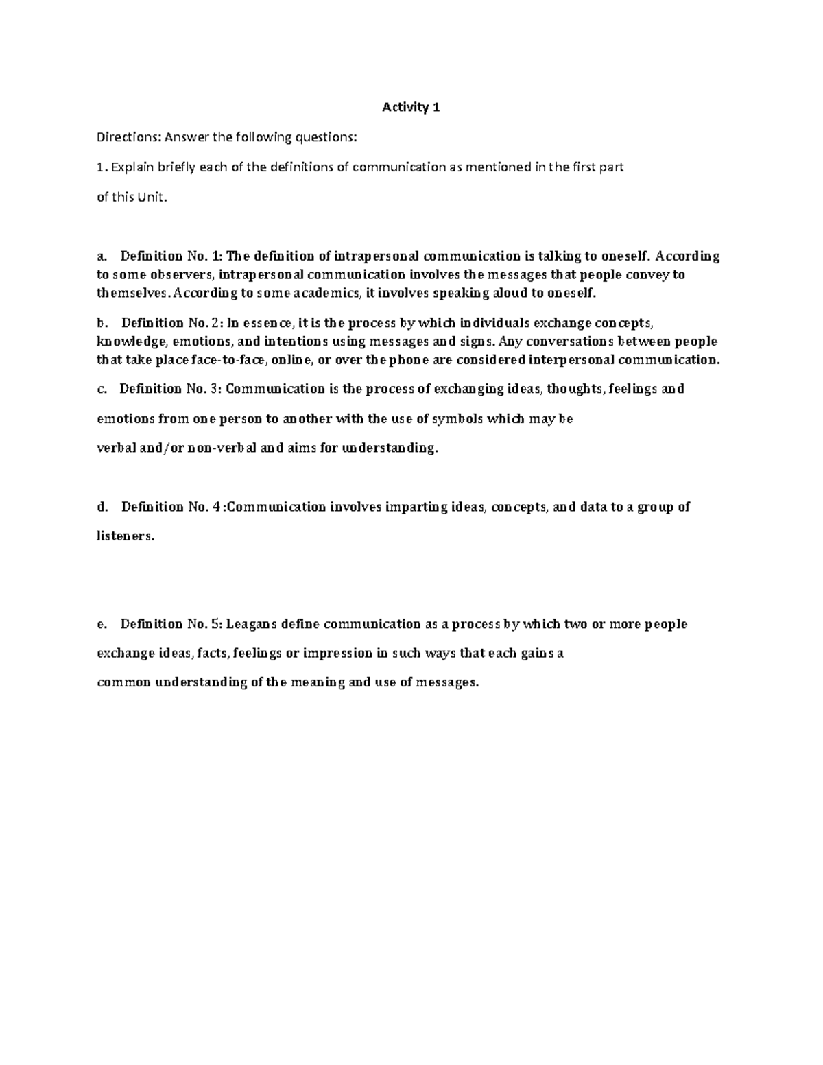 Unit 1 First Activity - Unit l - Activity 1 Directions: Answer the ...