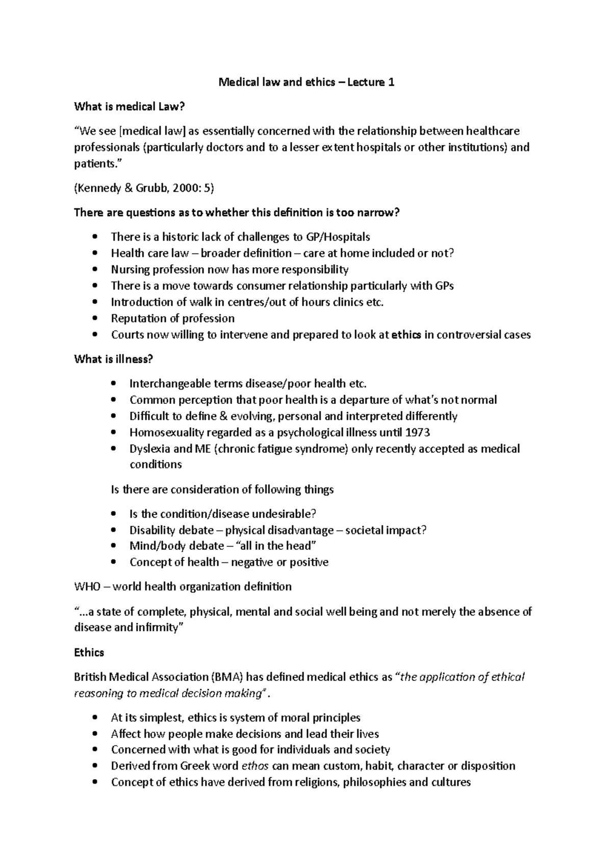 Medical Law and Ethics Lecture 1 notes - Medical law and ethics ...