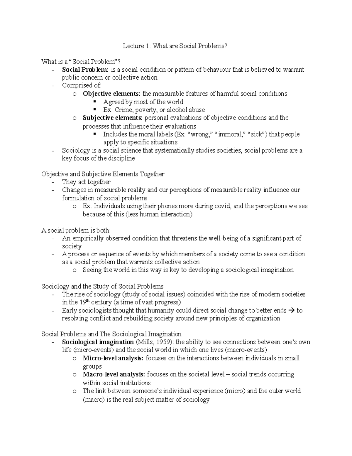 Lecture Notes Lecture 1 What Are Social Problems What Is A Social 