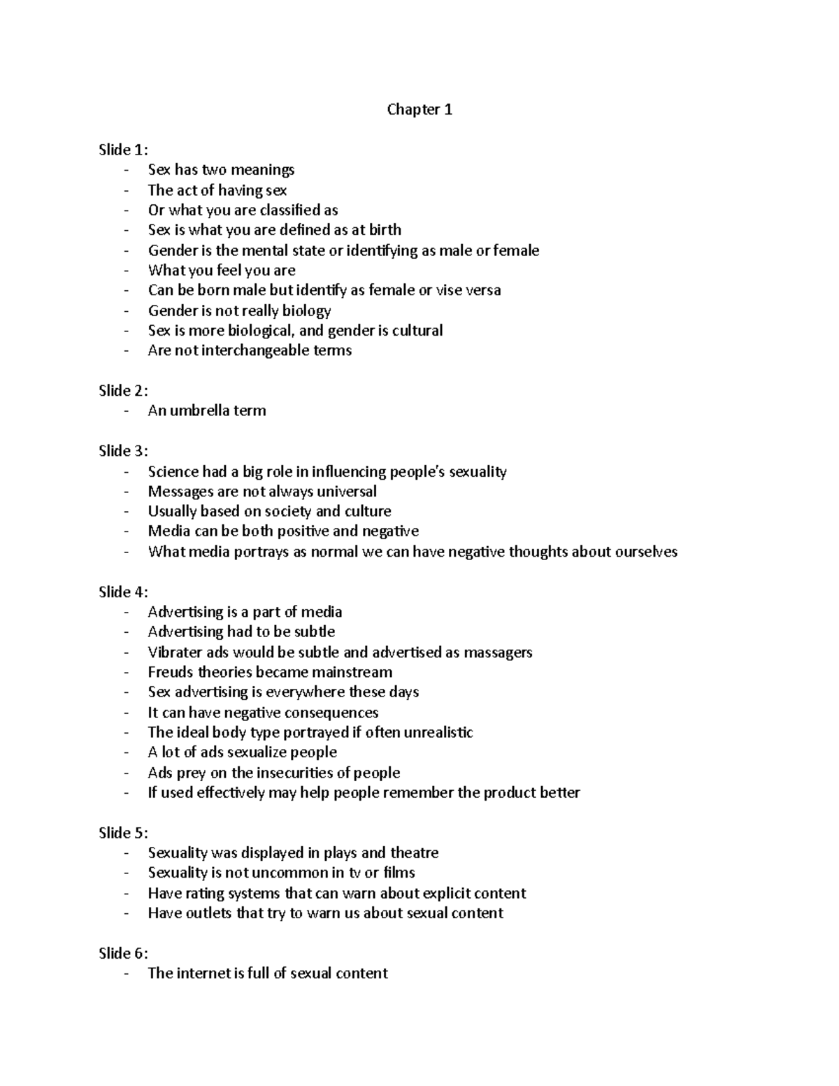 Chapter 1 notes - introduction to the course - Chapter 1 Slide 1: - Sex ...
