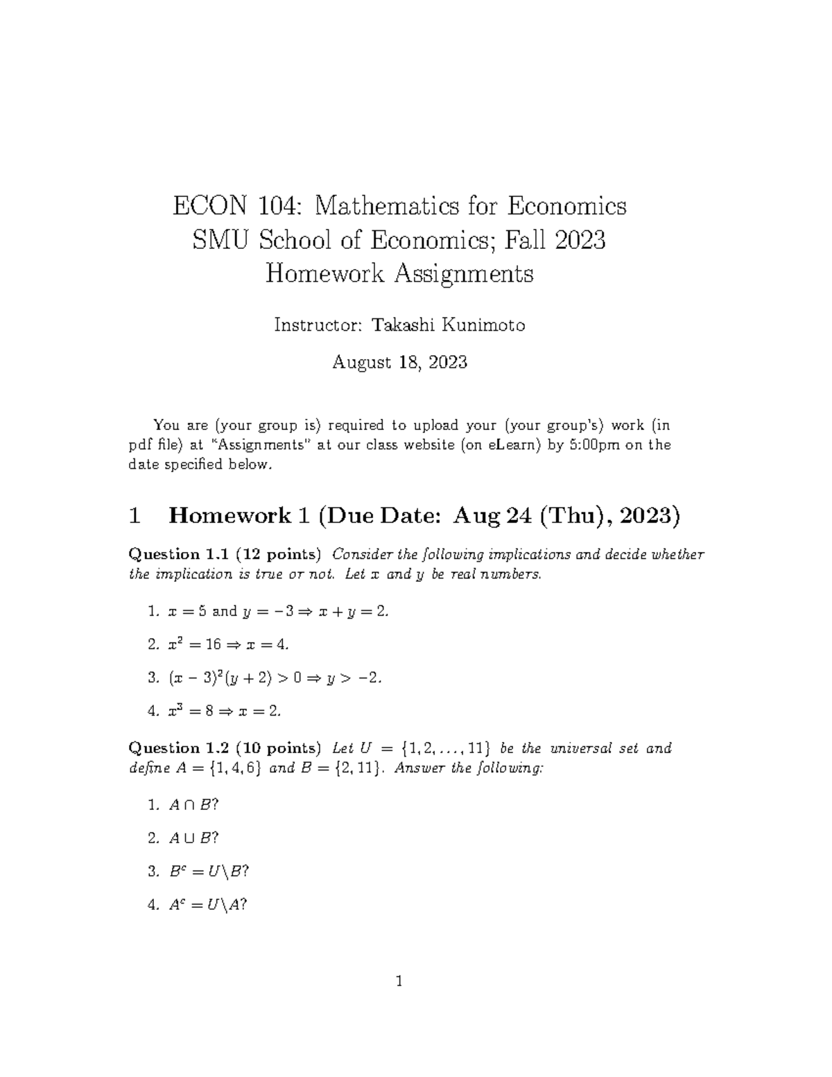Hw Up To 1 For Math For Econ Fall2023 Econ 104 Mathematics For Hw Up To 1 For Math For Econ Fall2023 Econ 104 Mathematics For