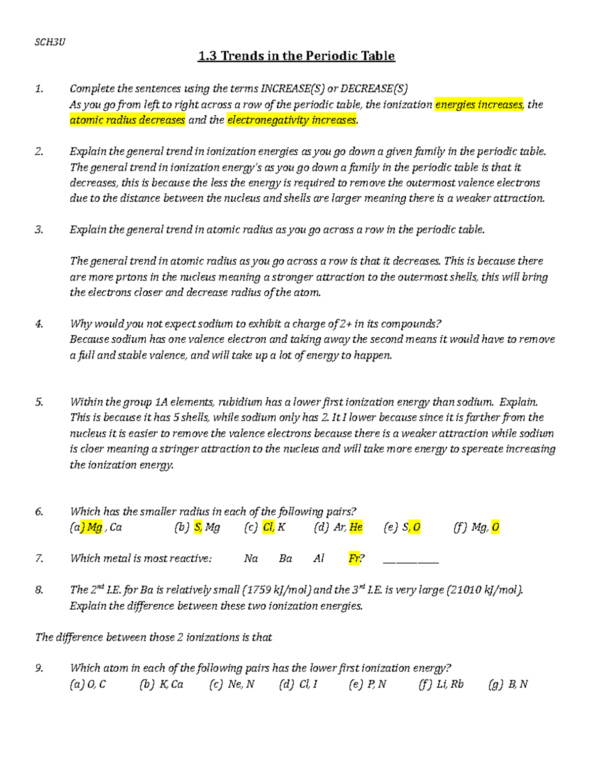 1.3 WS Trends in the Periodic Table edit - SCH3U 1 Trends in the ...