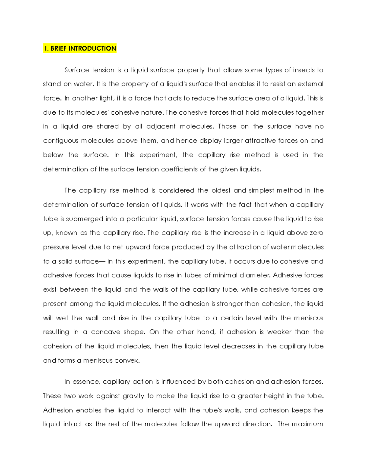 Determination OF Surface Tension OF A Liquid BY THE Capillary RISE