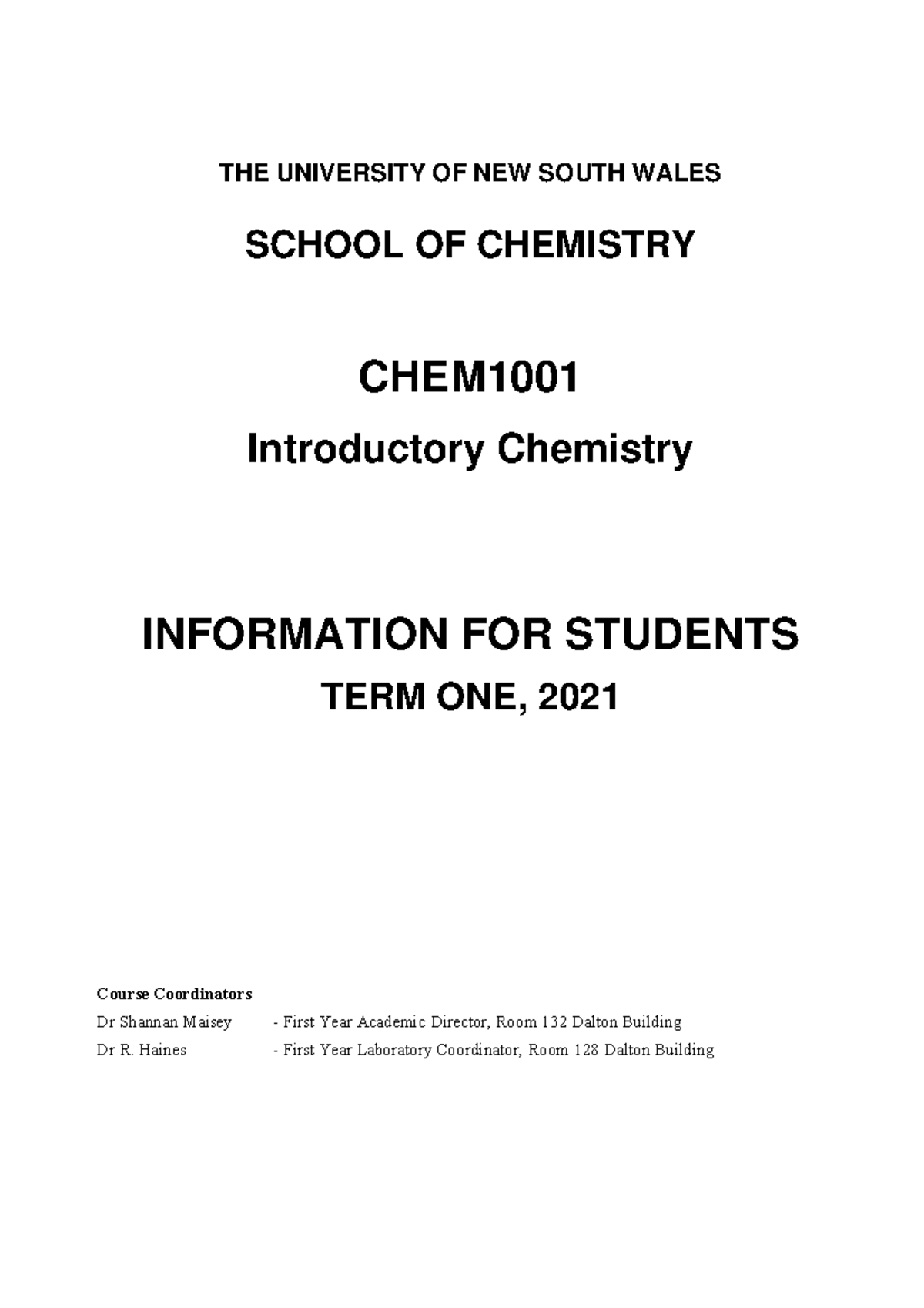 Info-Syllabus - Syllabus Outline For Chem1001 - THE UNIVERSITY OF NEW ...