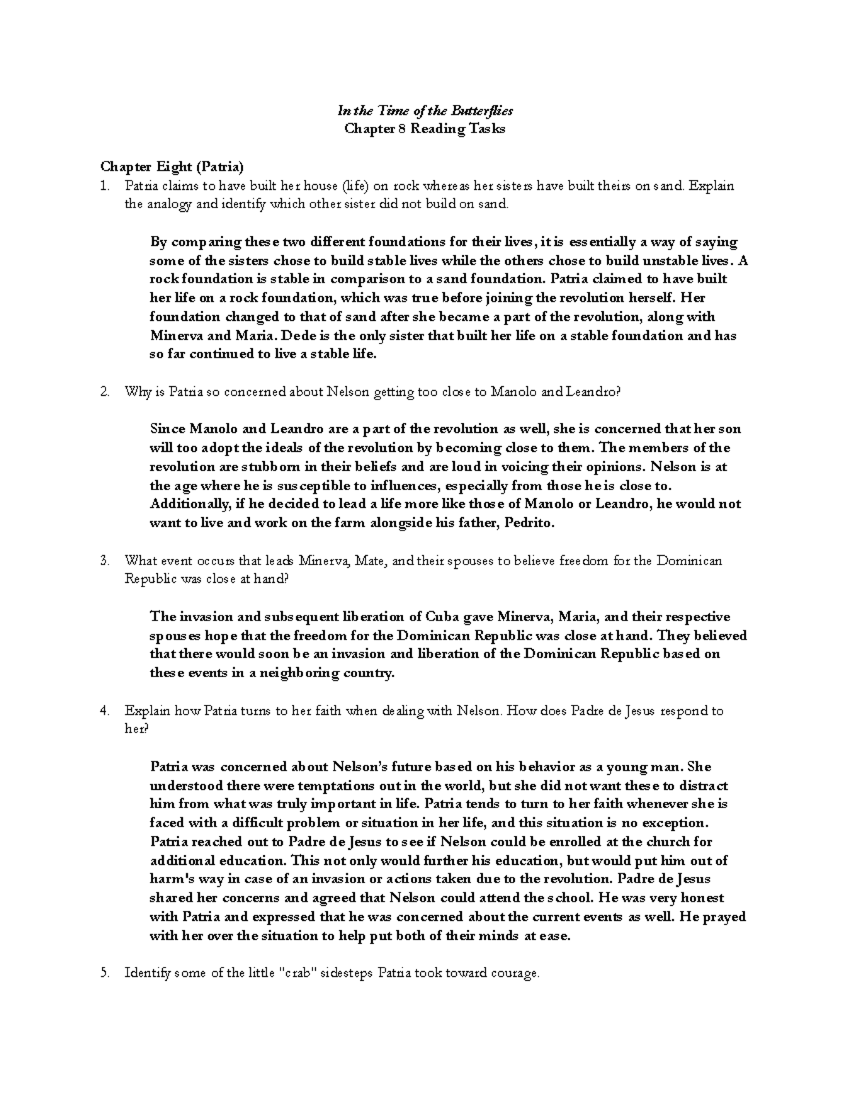 Butterflies 8 reading tasks In the Time of the Butterflies Chapter 8