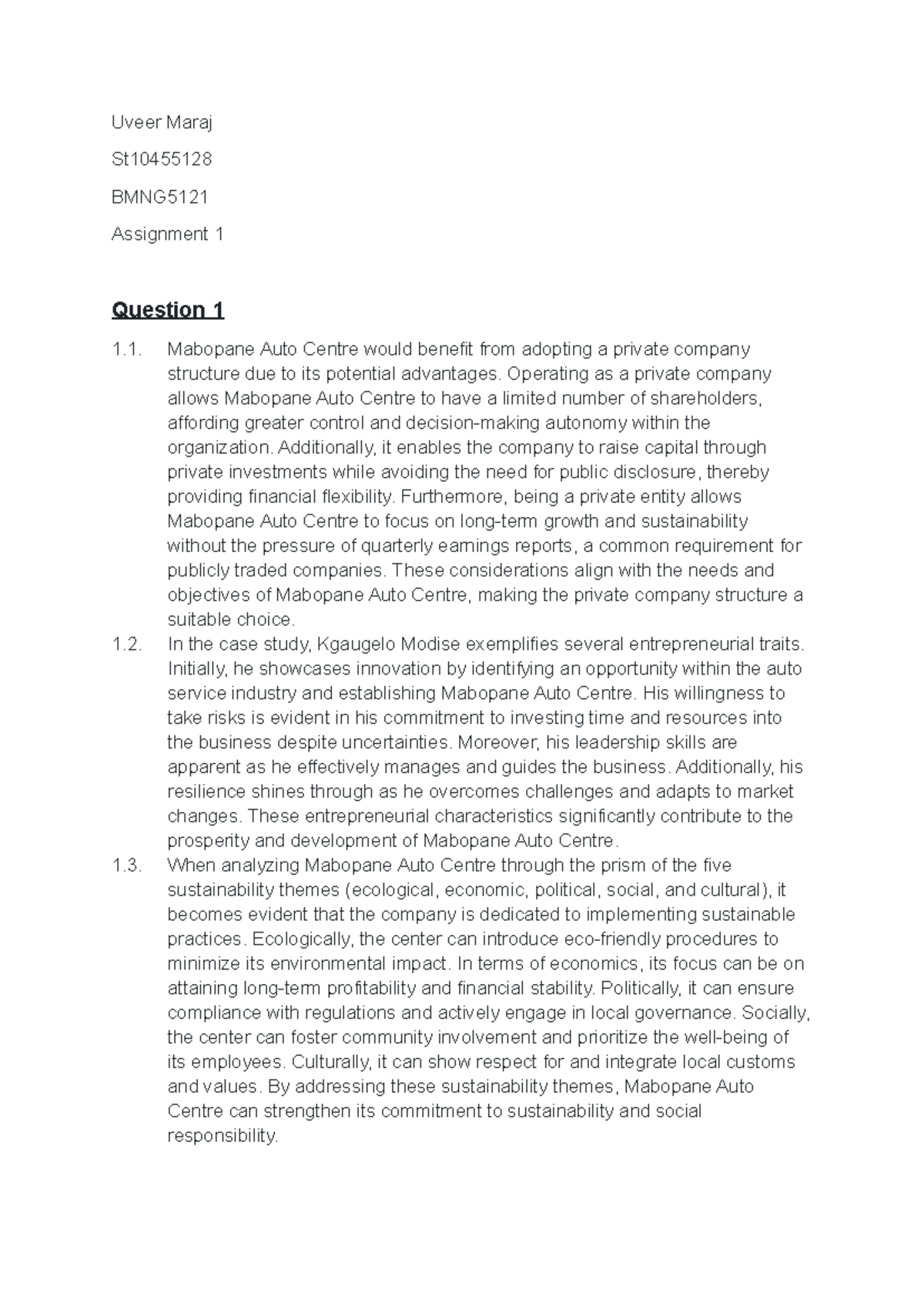 BMNG5121 Assignment 1 final - Uveer Maraj St BMNG Assignment 1 Question ...