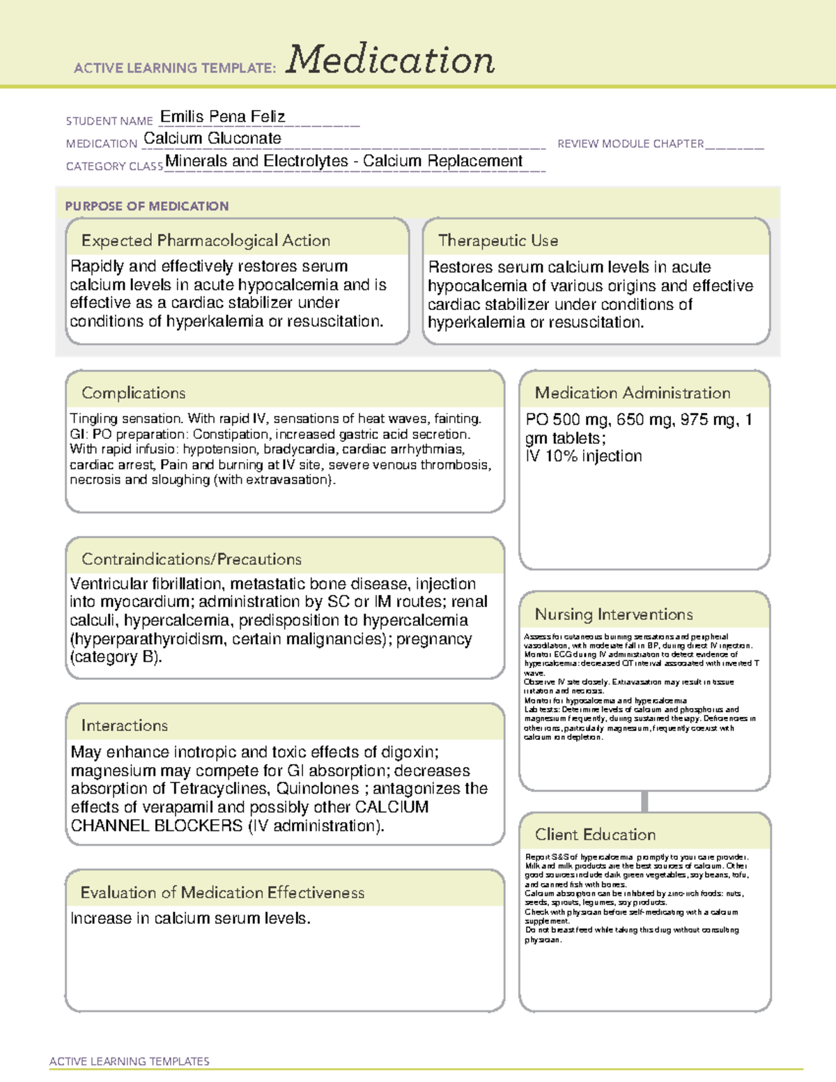 Calcium med card assigment - ACTIVE LEARNING TEMPLATES Medication ...