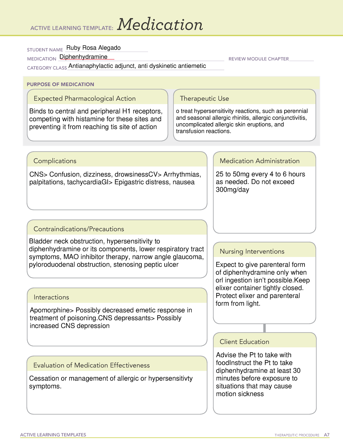 Diphenhydramine medication template ACTIVE LEARNING TEMPLATES