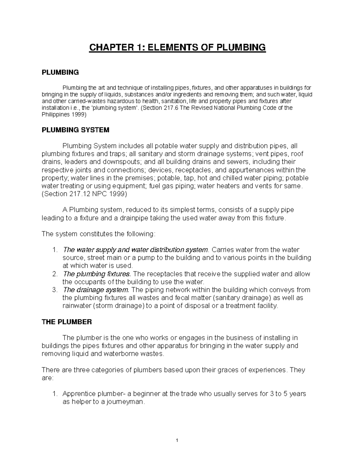 Plumbing Notes 5 - reviewer - CHAPTER 1: ELEMENTS OF PLUMBING PLUMBING ...