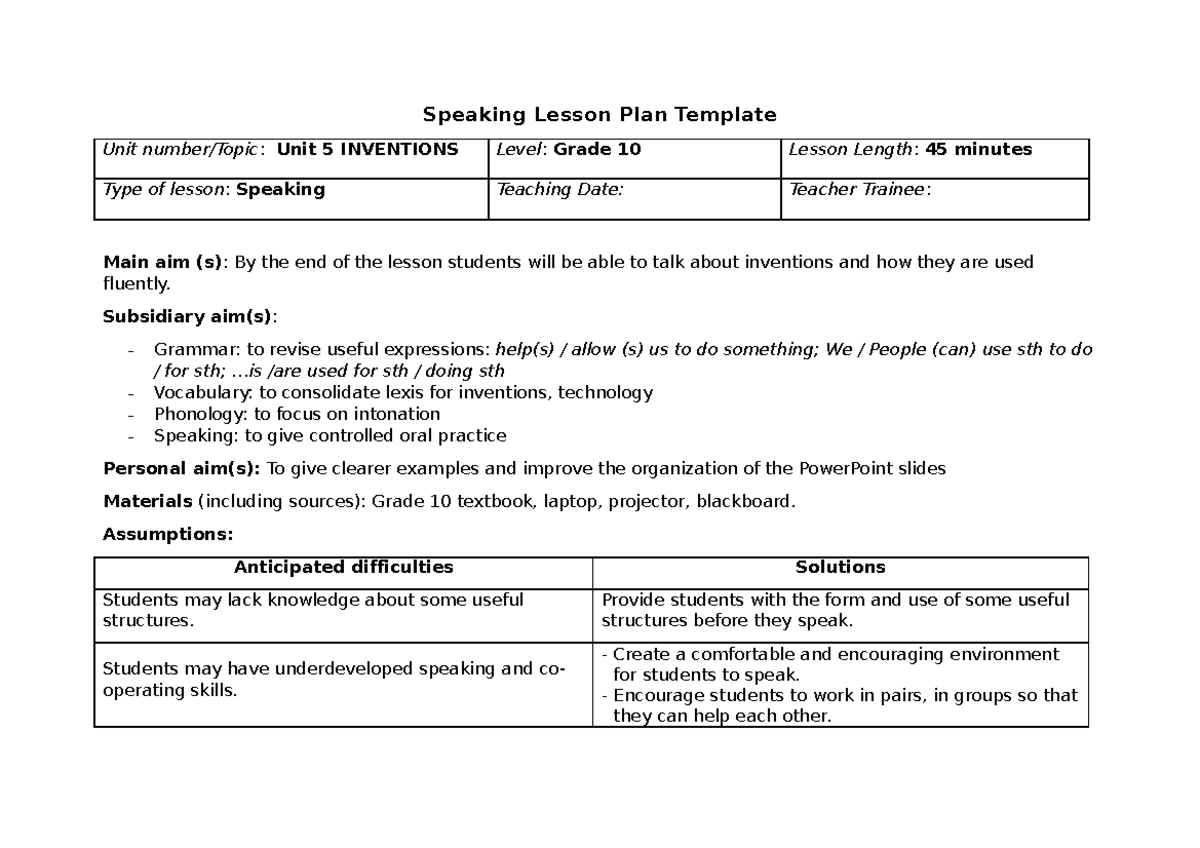 Speaking Lesson Plan - DEMO - Speaking Lesson Plan Template Unit number ...