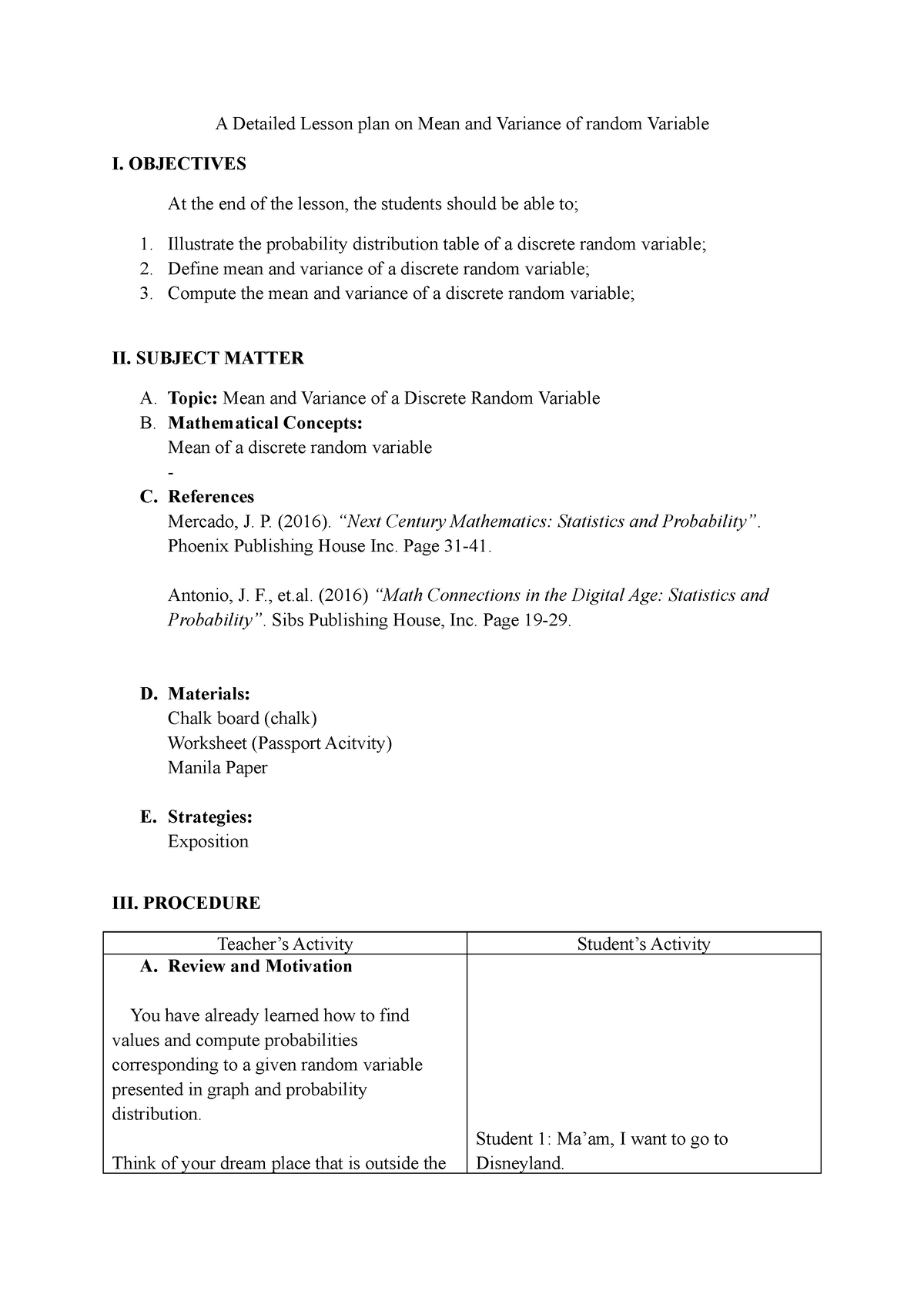 A Detailed Lesson plan on Mean and Variance - OBJECTIVES At the end of ...