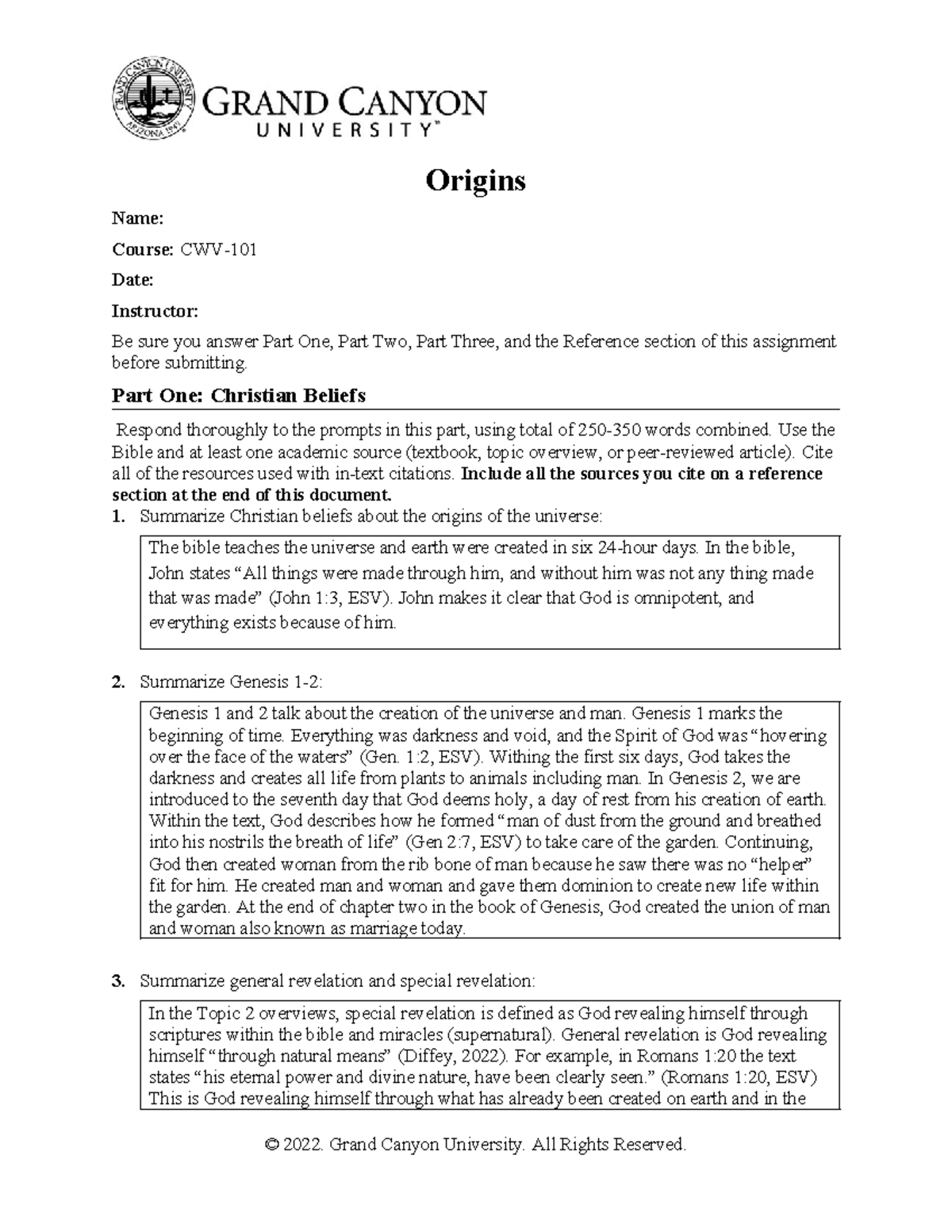 Origins T2 - Topic Week 2. Received 100% - Origins Name: Course: CWV ...