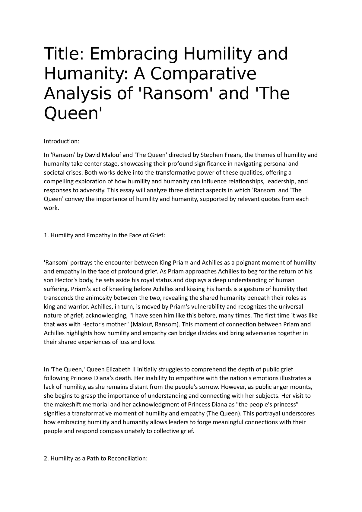 ransom and the queen comparative essay example