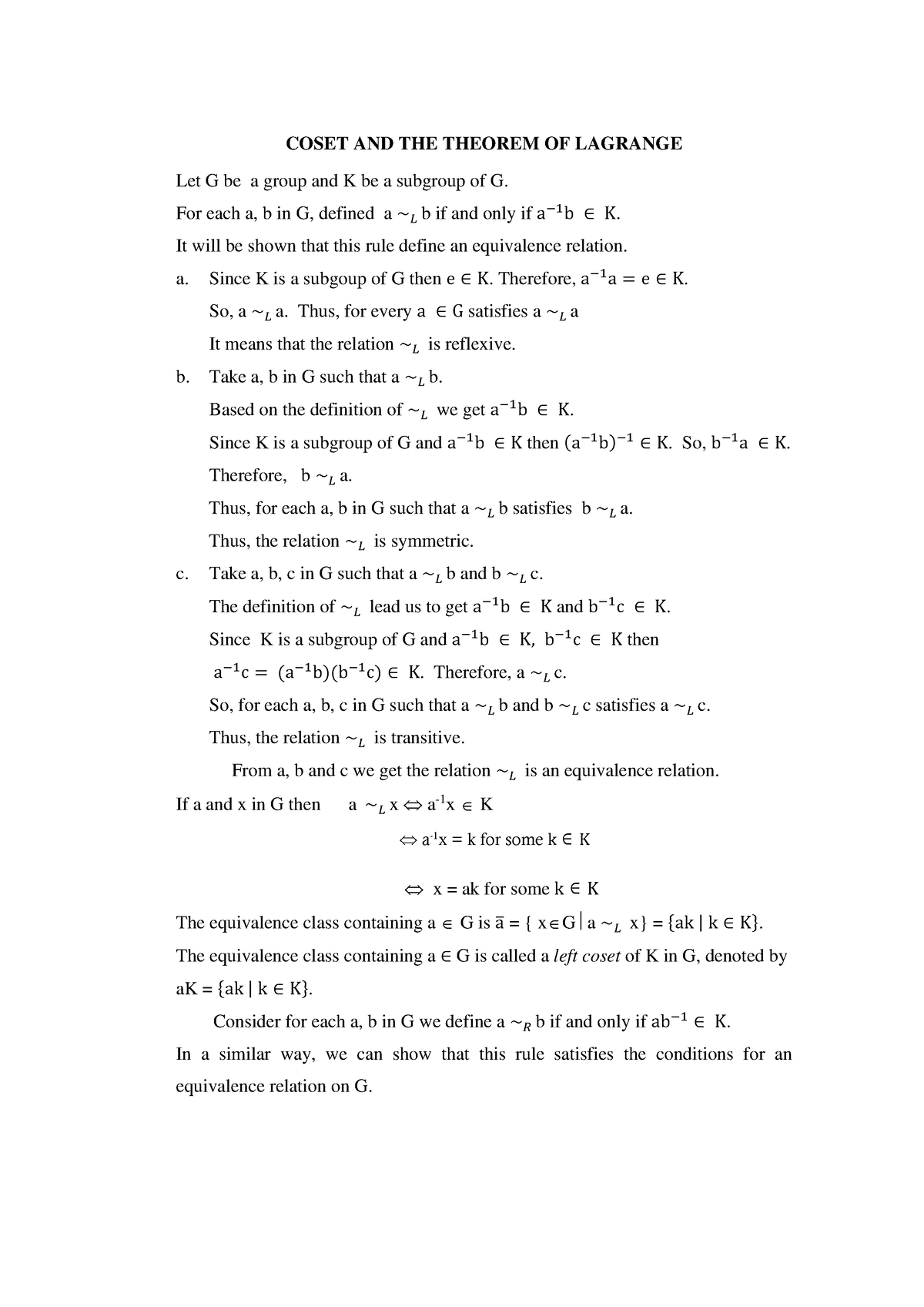 Cosets And The Theorem Of Lagrange - COSET AND THE THEOREM OF LAGRANGE ...