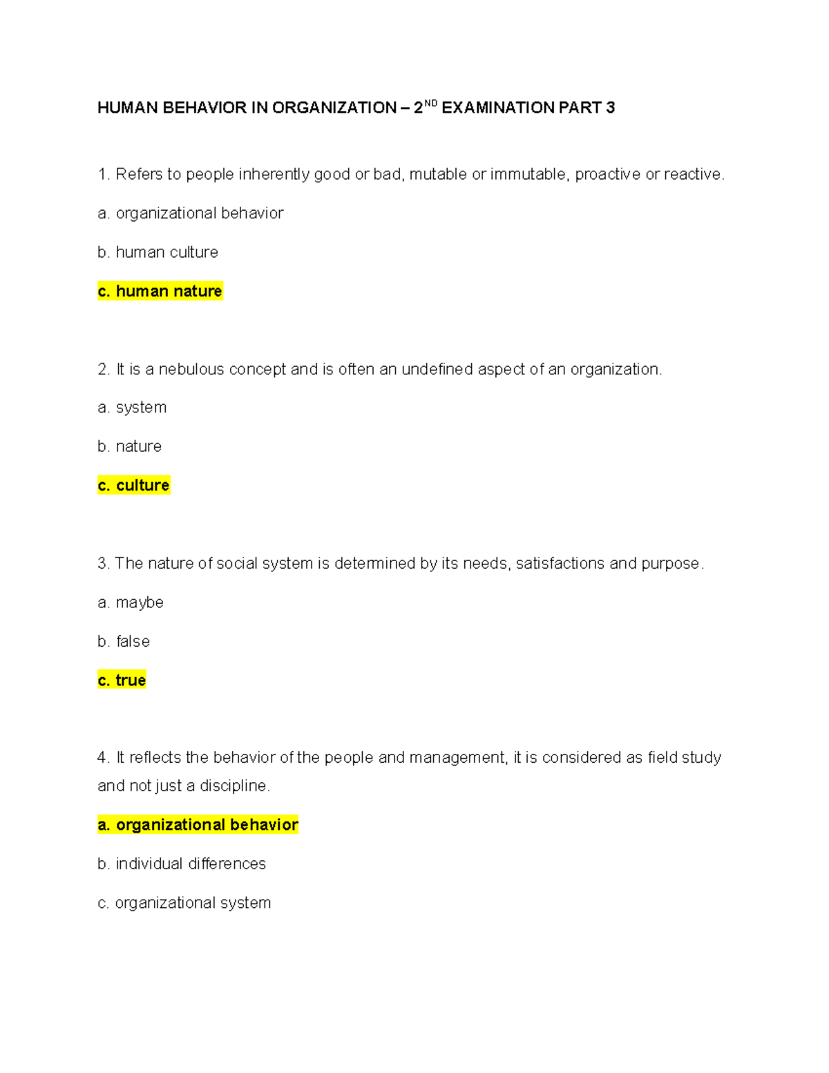 Human Behavior IN Organization – 2ND Examination PART 3 - HUMAN ...