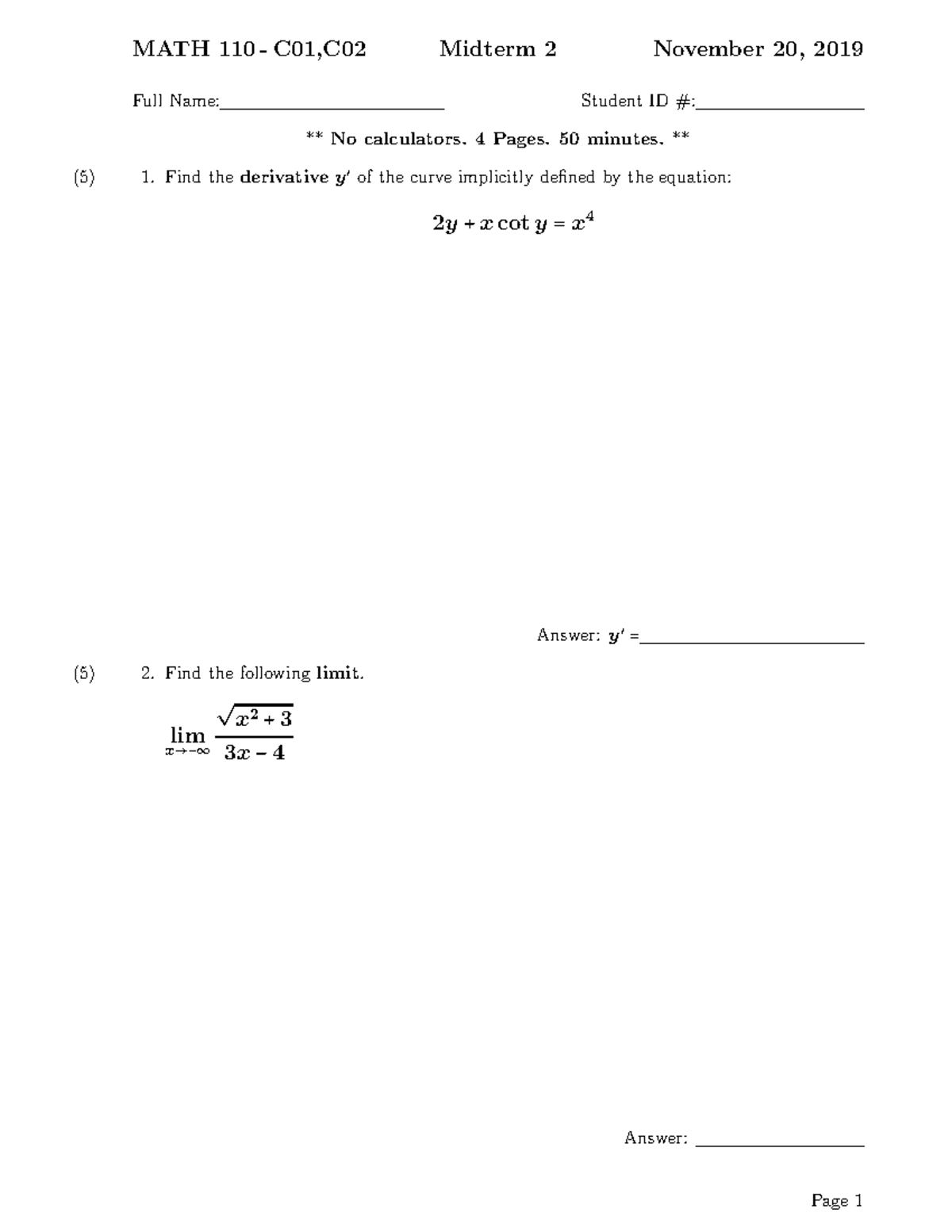 Math 110- Practice Problem Midterm 2 - MATH 110 - C01,C02 Midterm 2 ...