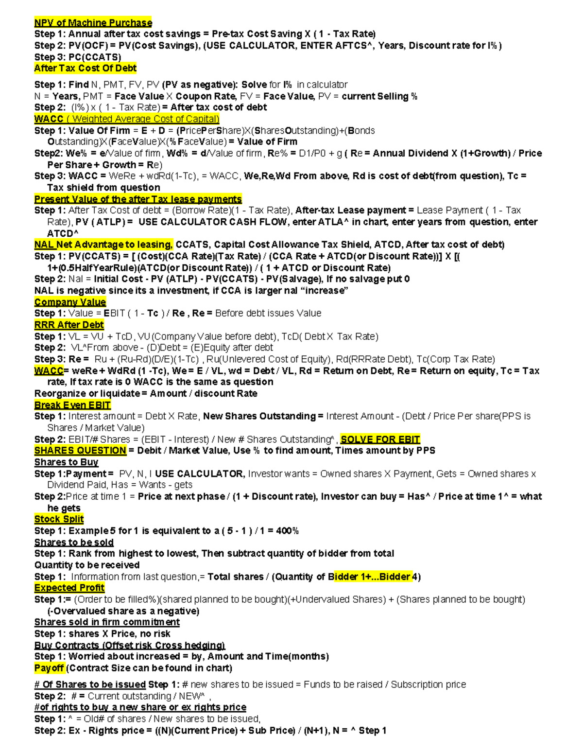 FIN401 EXAM Crib Sheet - NPV Of Machine Purchase Step 1: Annual After ...