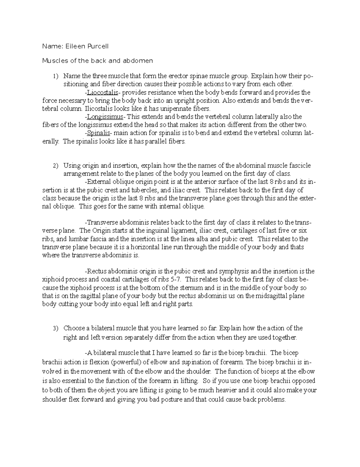 Back and abs lab Lab questions and answers Name Eileen Purcell