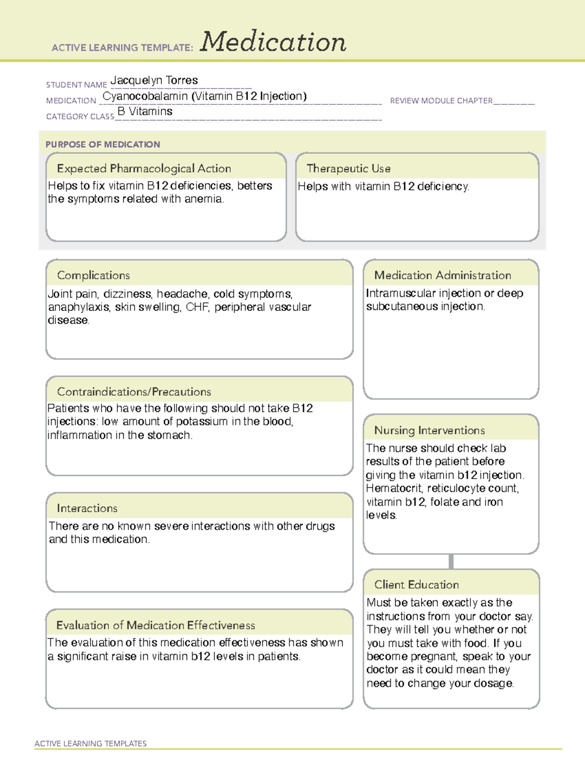 Cyanocobalamin (B12) Med Card ACTIVE LEARNING TEMPLATES Medication