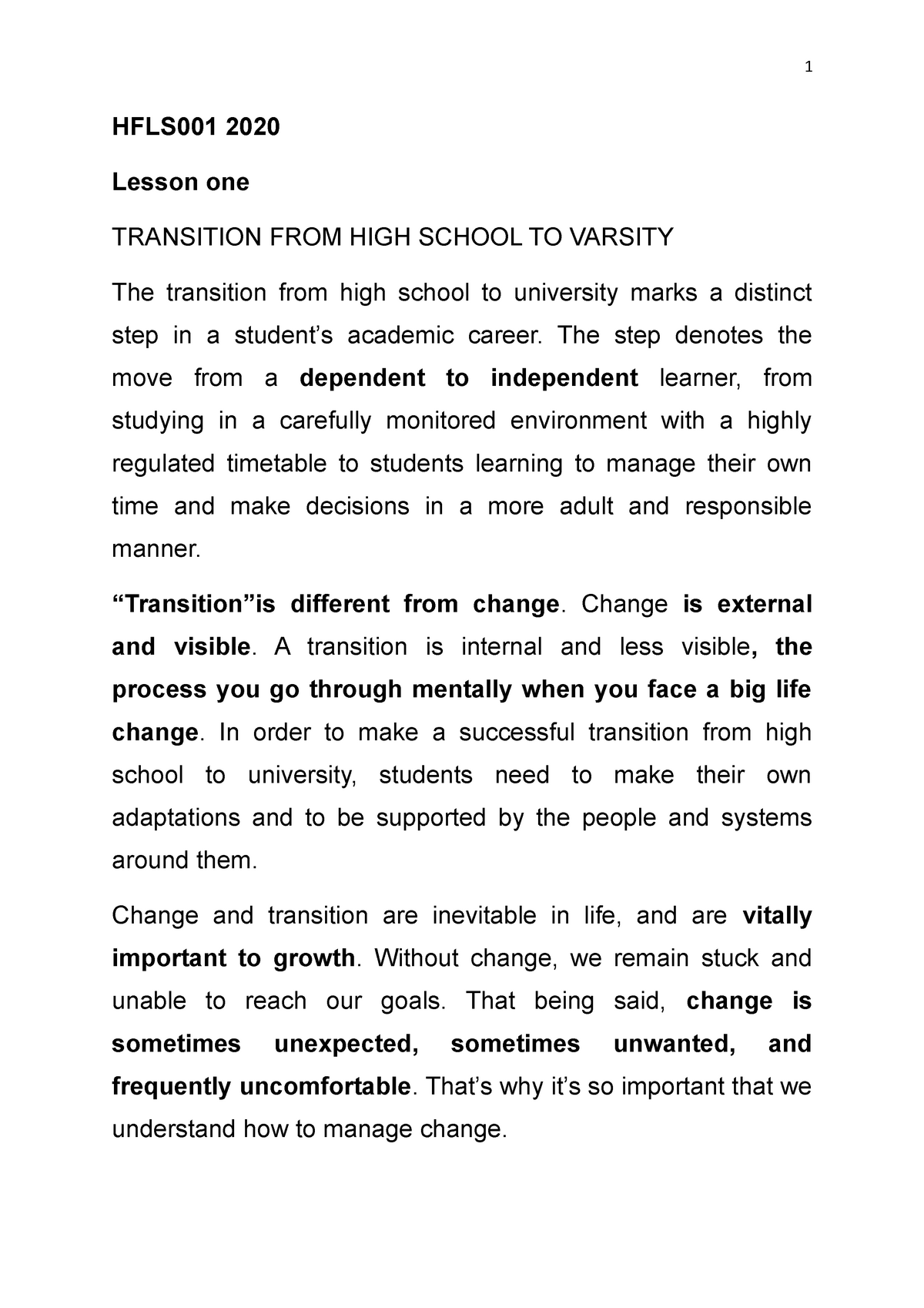 transition from high school to college essay