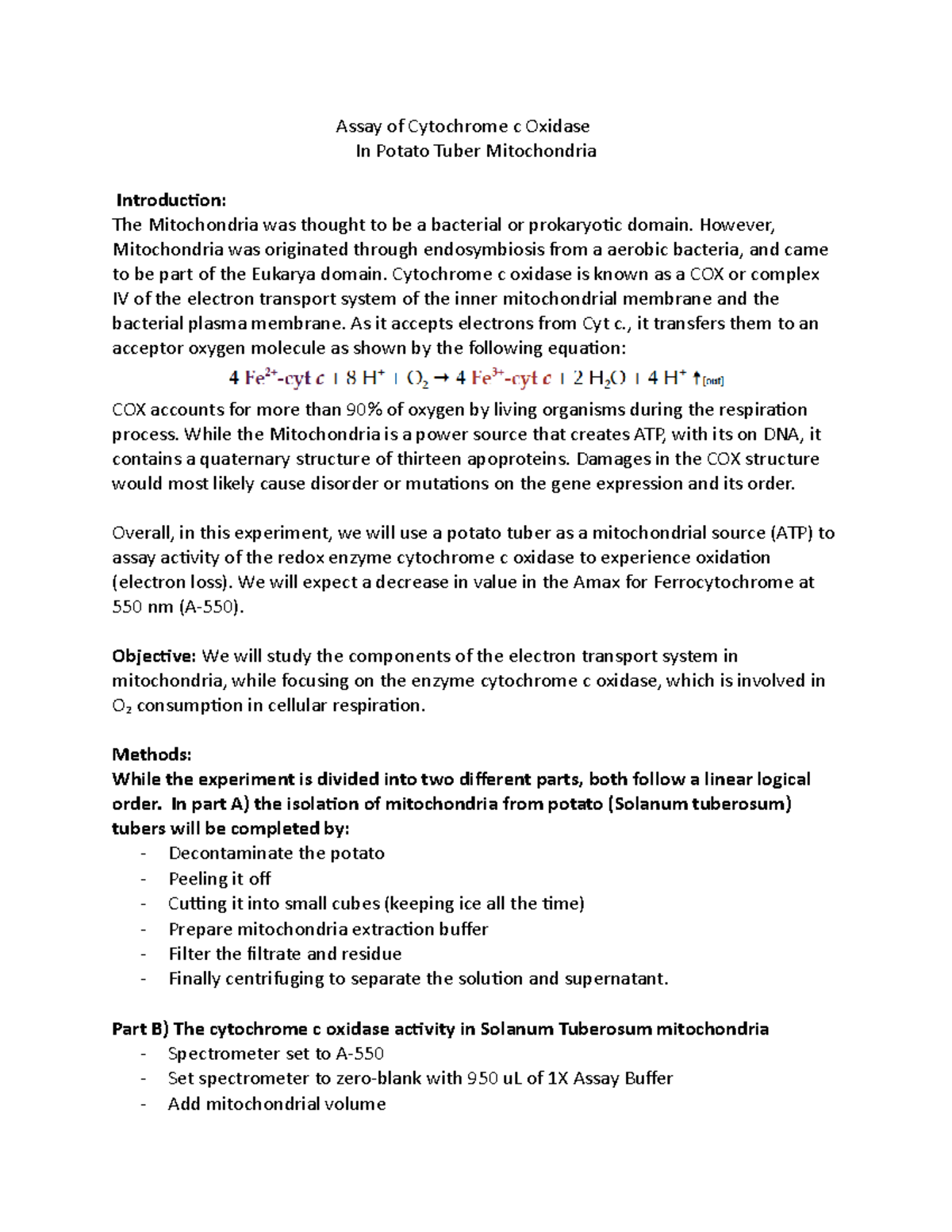 Lab Report N*6 Assay Cytochrome Assay of Cytochrome c Oxidase In