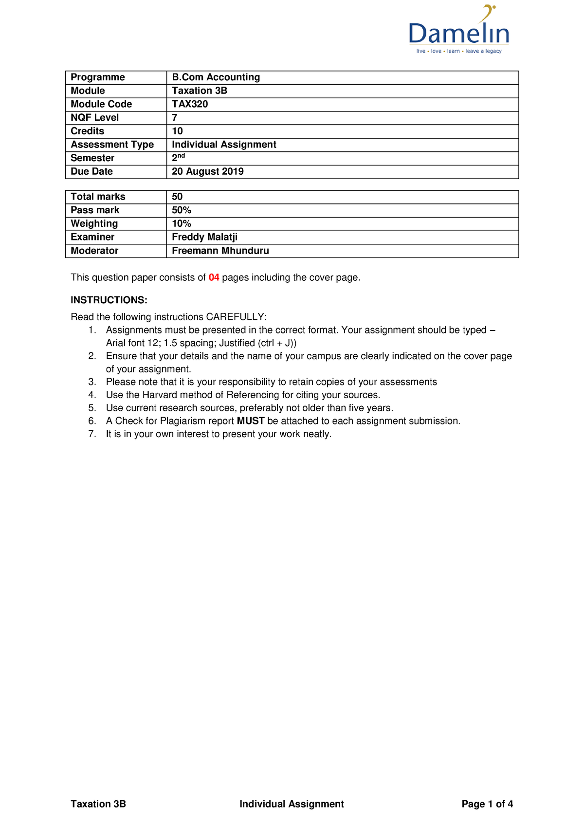 Taxation 3B Individual Assignment - Programme B Accounting Module ...