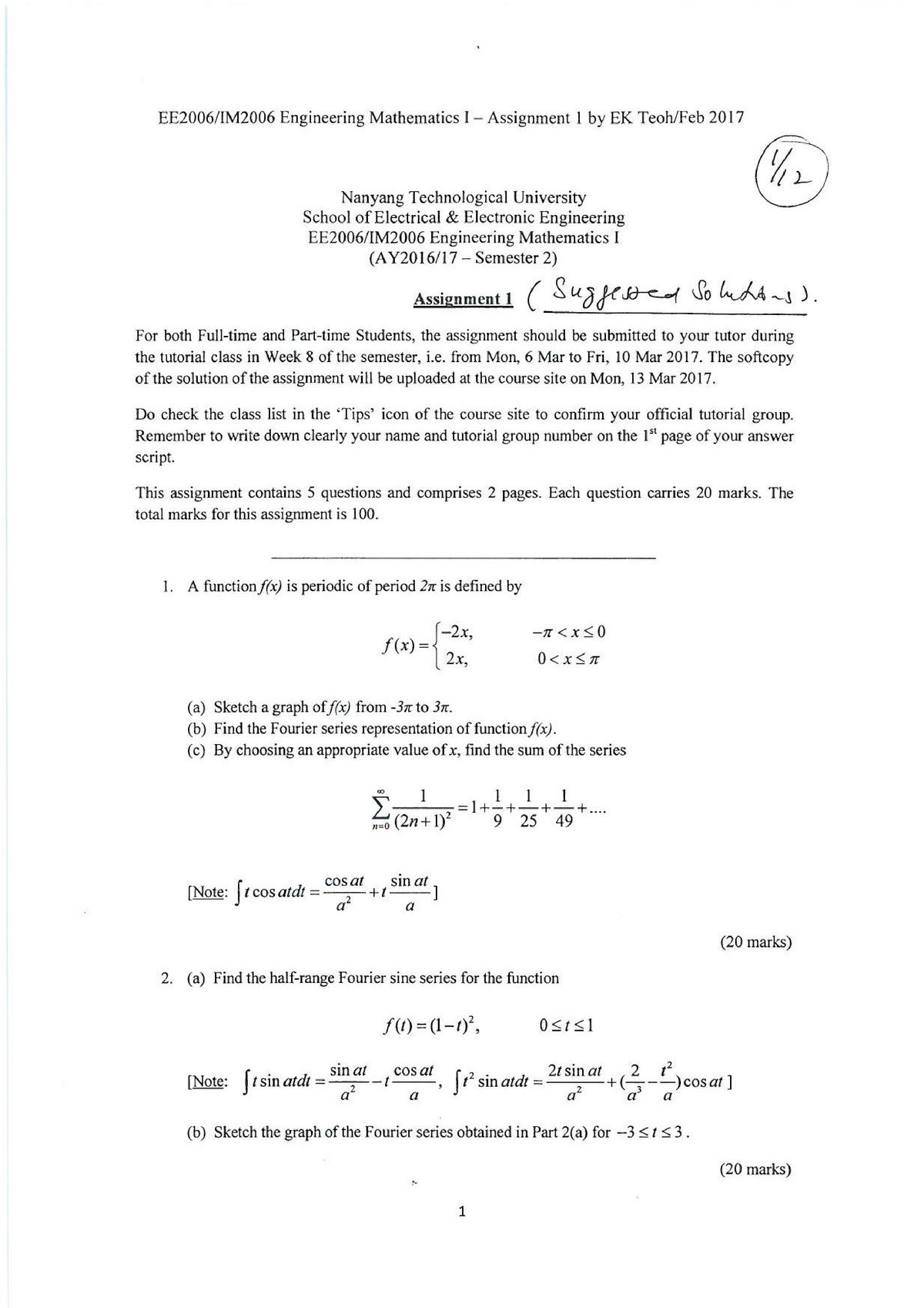 Suggested Solutions For EE2006 IM2006 Assignment #1 By EK Teoh @ Mar ...