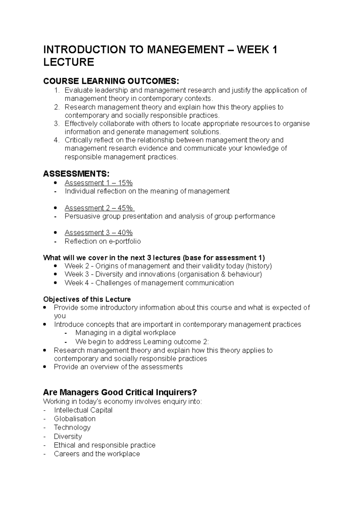 Introduction To Management - Lecture 1 - INTRODUCTION TO MANEGEMENT ...